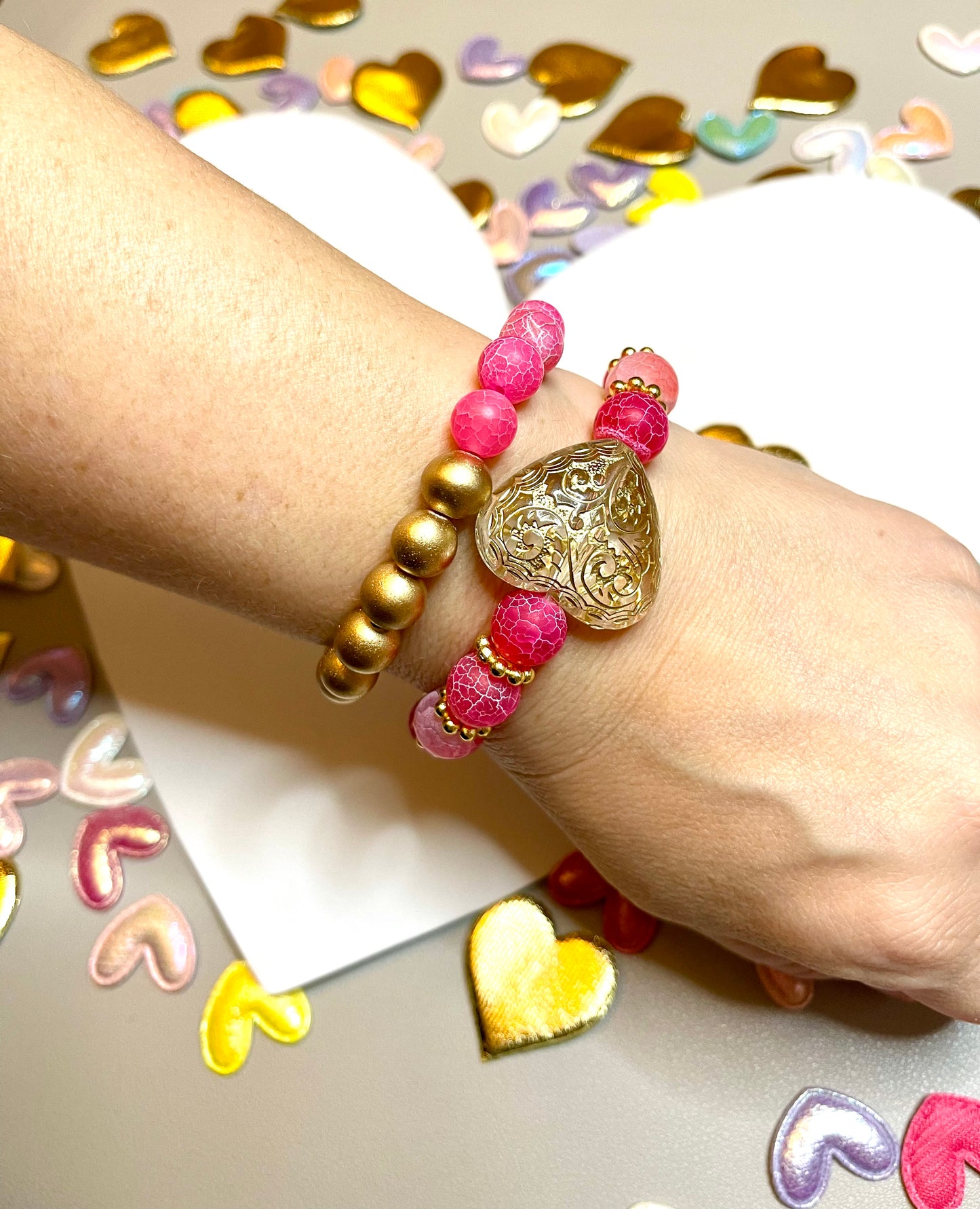 OOAK Hot Pink & Gold Glass Stack (2) Hot pink ombré crackled glass beads with gold accent beads of wood and brass, jumbo engraved acrylic heart