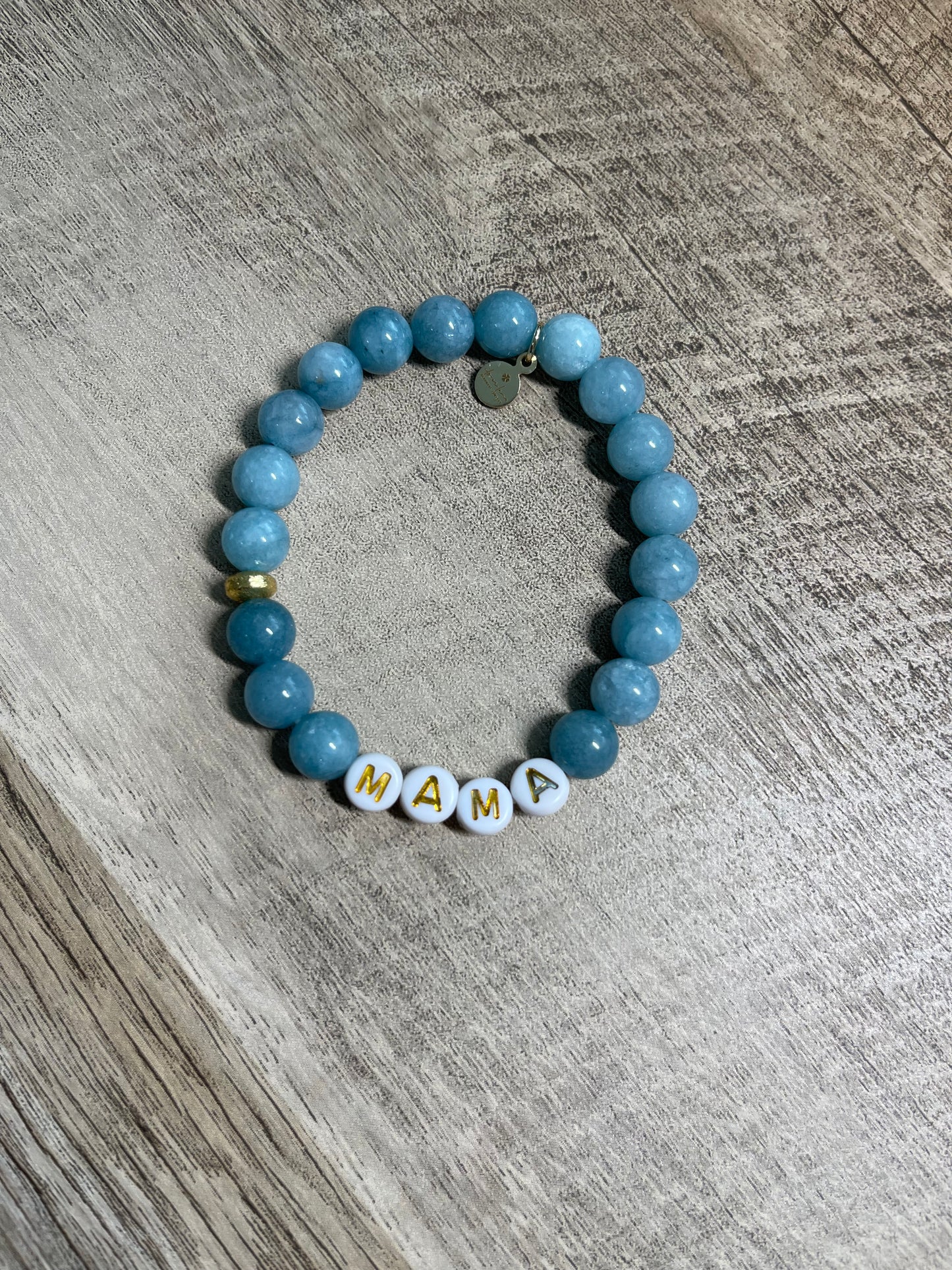Mama & Mini Bracelets: Blue Jade round bead stretch bracelets Gold accents