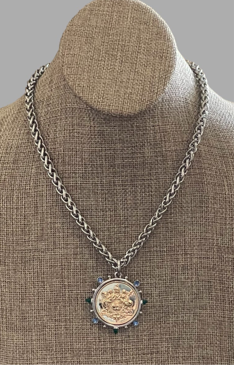 Le Monde Necklace: Rhodium Silver Wheat Chain with Silver & Gold French Replica Coin Pendant