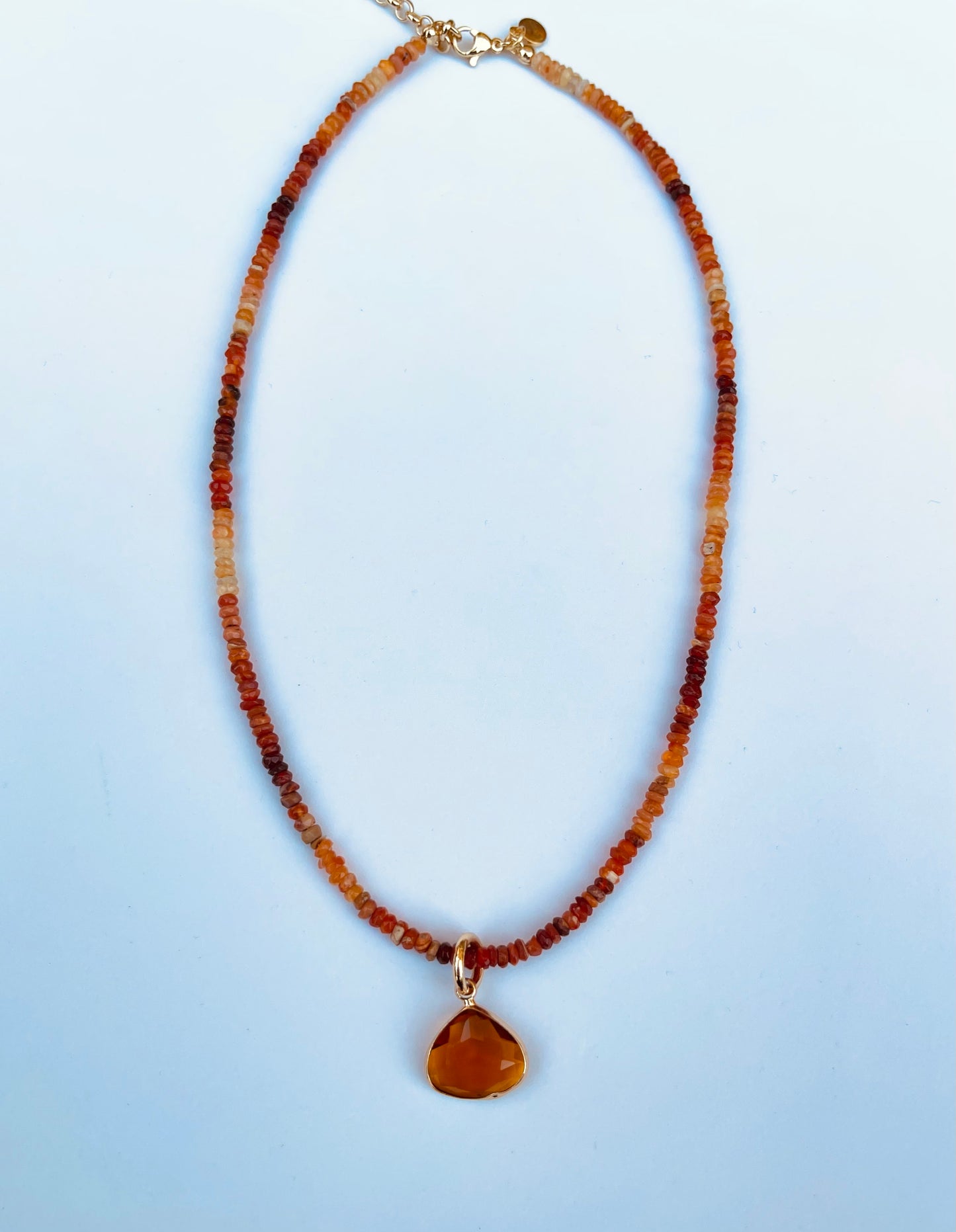 Ethiopian Fire Opal Necklace with Orange Crystal Charm & Gold Filled Clasp