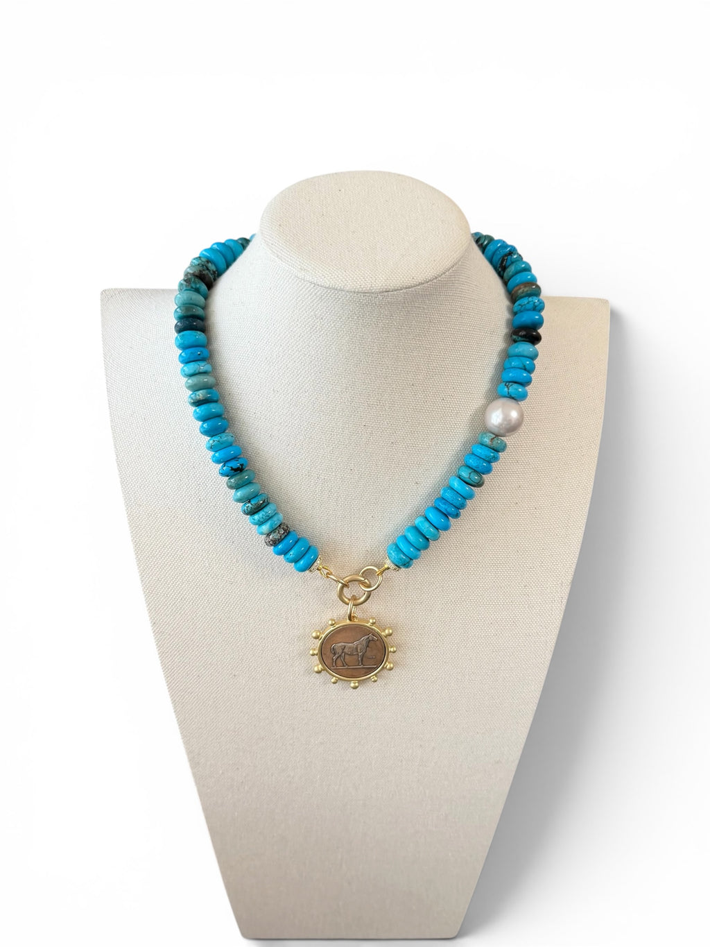 The Saddle & Stone Necklace: Turquoise, Baroque Pearl and Matte Gold OOAK