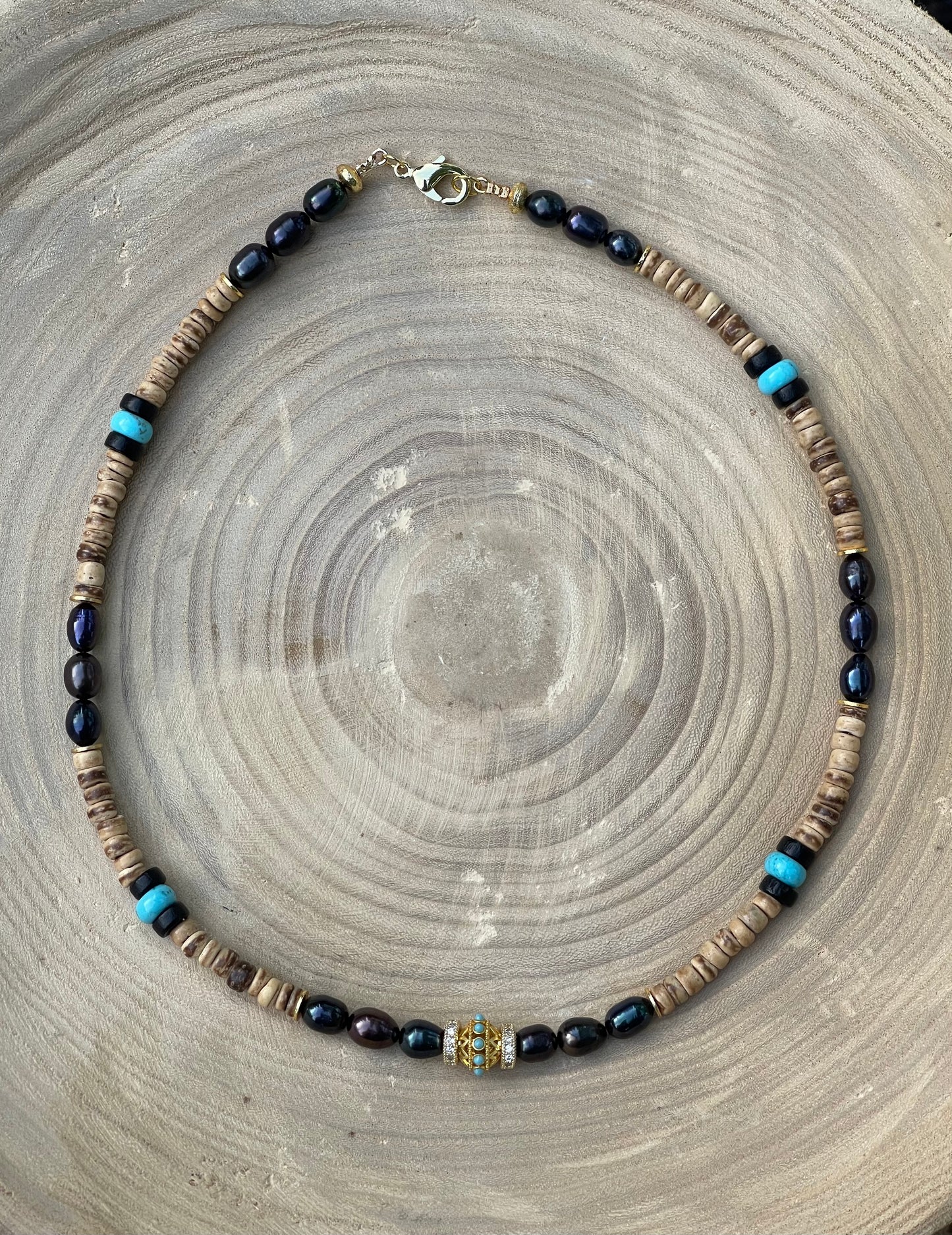 Coconut Midnight Pearl Necklace: Coconut Shell, Freshwater midnight Pearls, Turquoise & gold accents OOAK