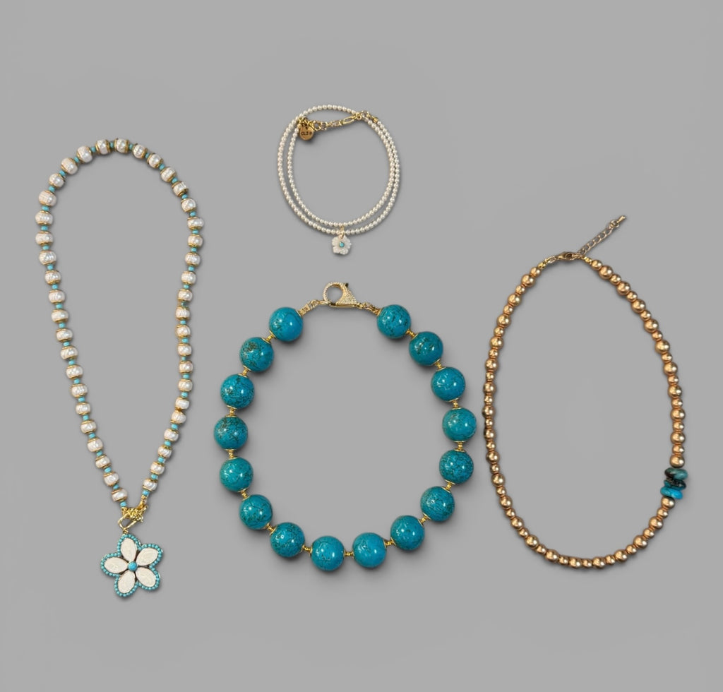 Coastal Petals Necklace: Freshwater Pearls, gold brass & turquoise spacers, Flower pendant OOAK