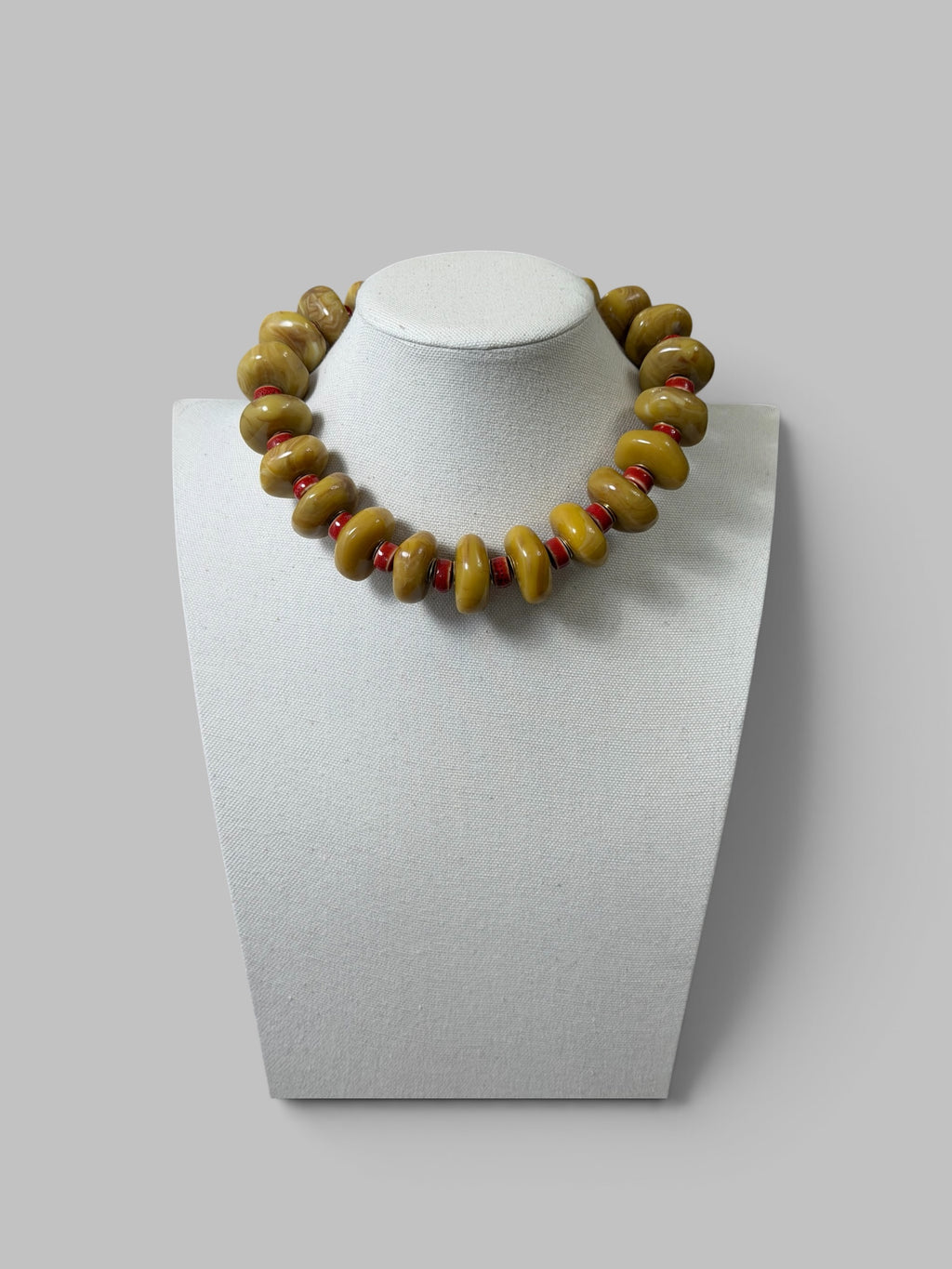 Ochre & Brick: Resin, ceramic & brass beads Gold clasp and extender
