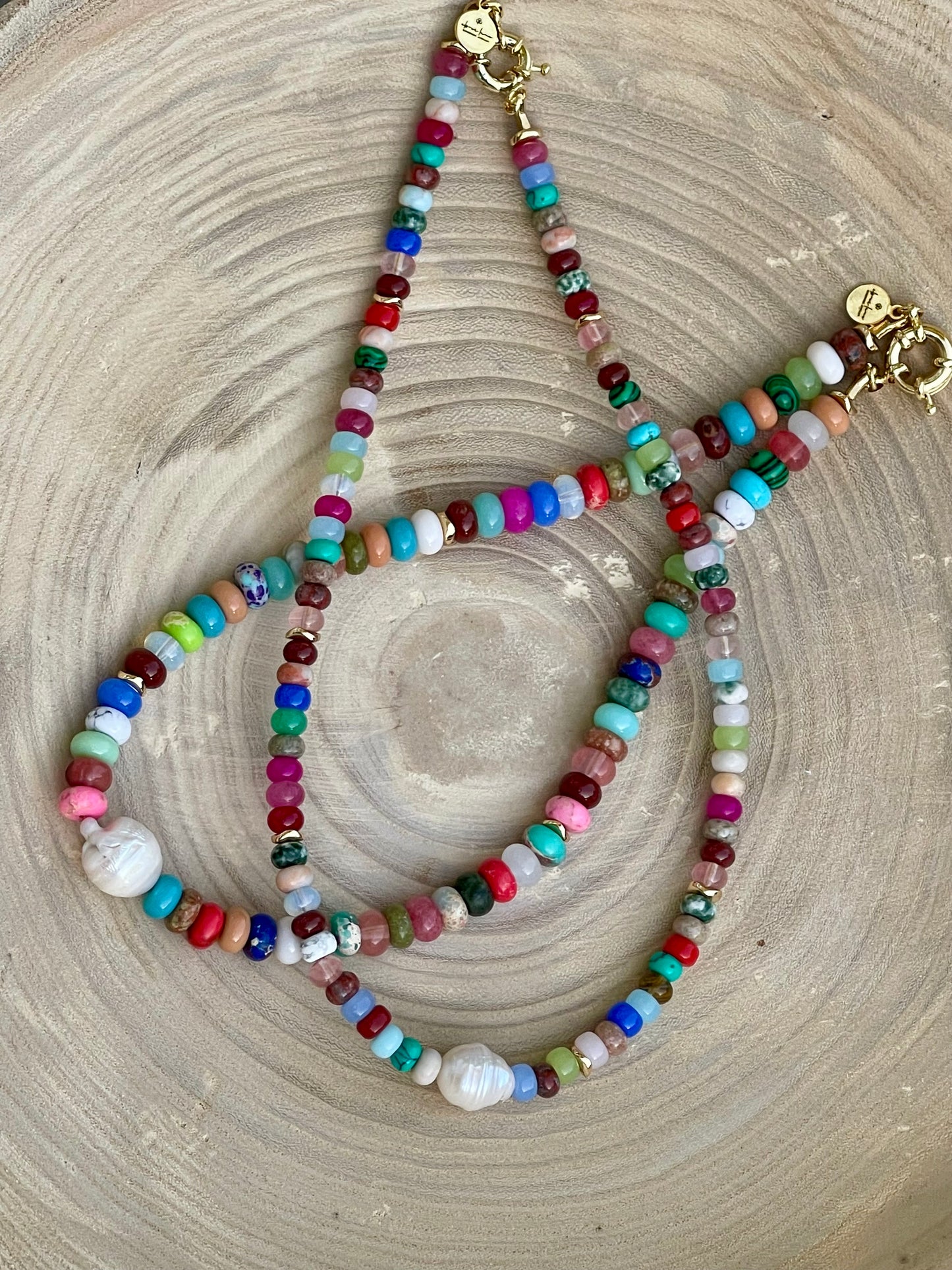 Joie Necklace: Colorful Mix of Natural Gemstones Gold Accent Beads and a Freshwater Baroque Pearl 2 Bead Size Options 6mm or 8mm