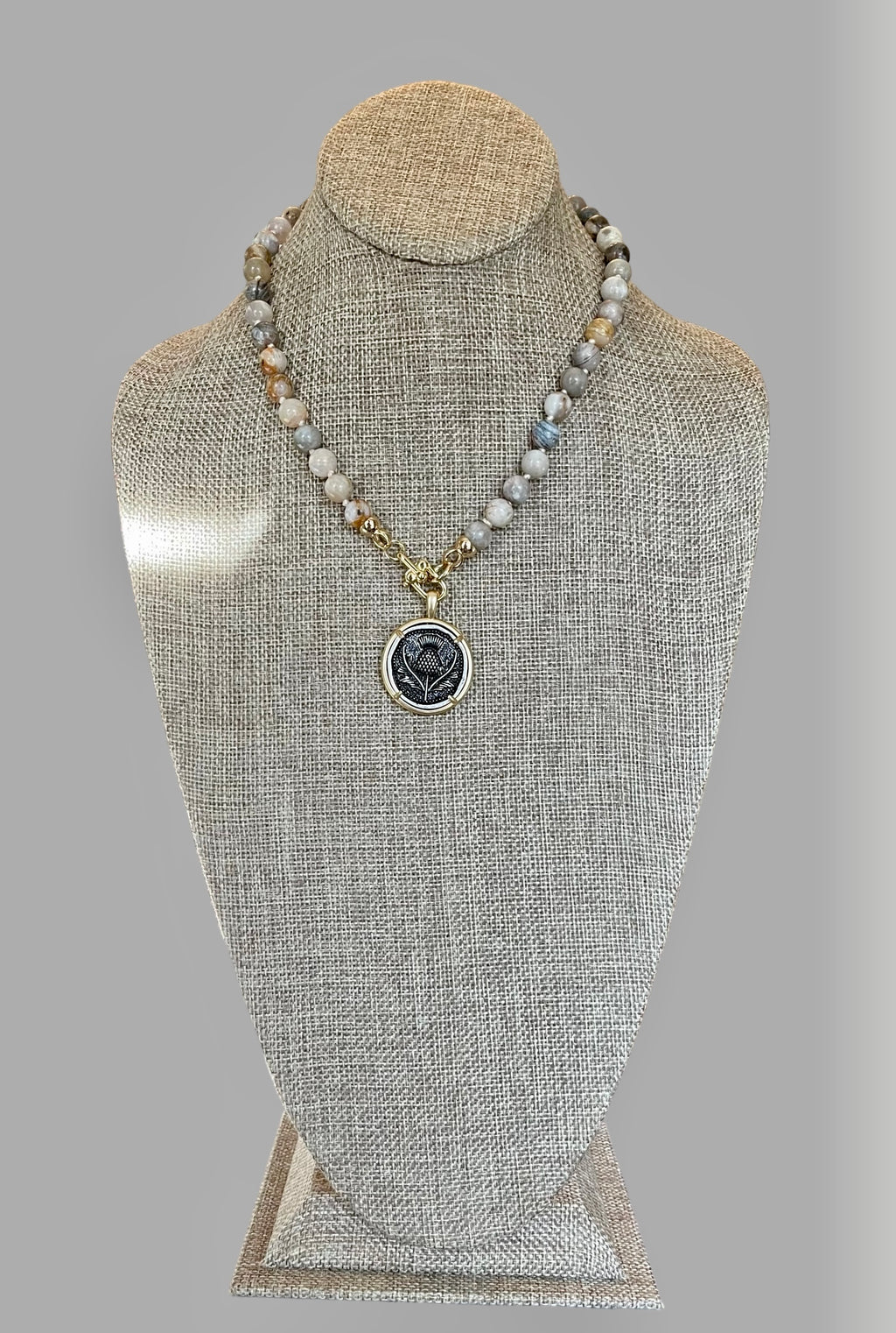 Gold Thistle Necklace: Hand-knitted Bamboo Agate Beads w Gold Filled Trigger Clasps and Thistle Coin Pendant