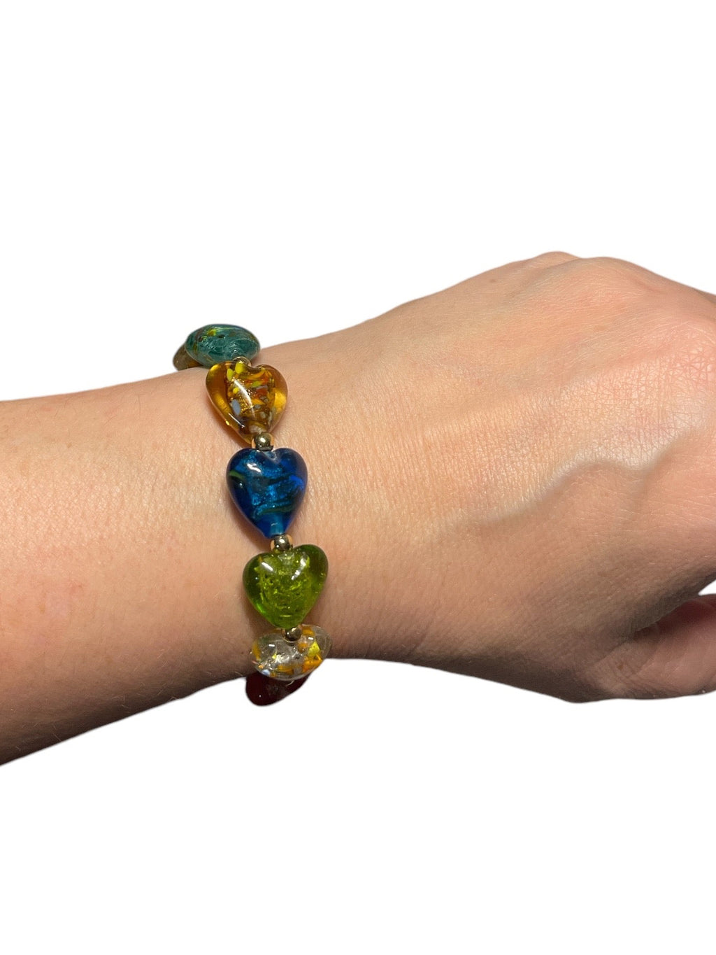 Glass Heartbeats Bracelet: Colorful Handmade Lamp-work Glass Heart Beads Accented with Gold Or Silver