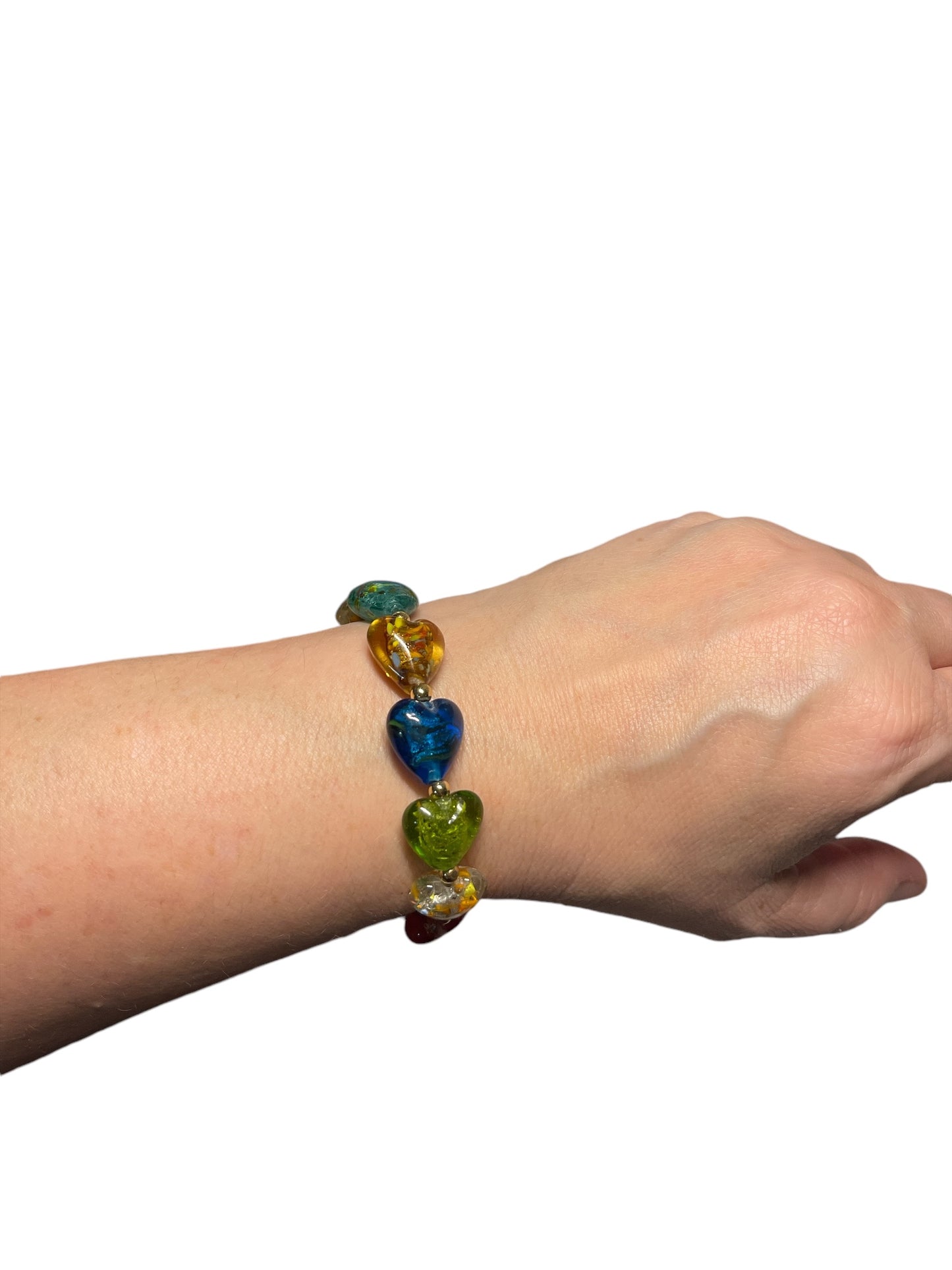 Glass Heartbeats Bracelet: Colorful Handmade Lamp-work Glass Heart Beads Accented with Gold Or Silver