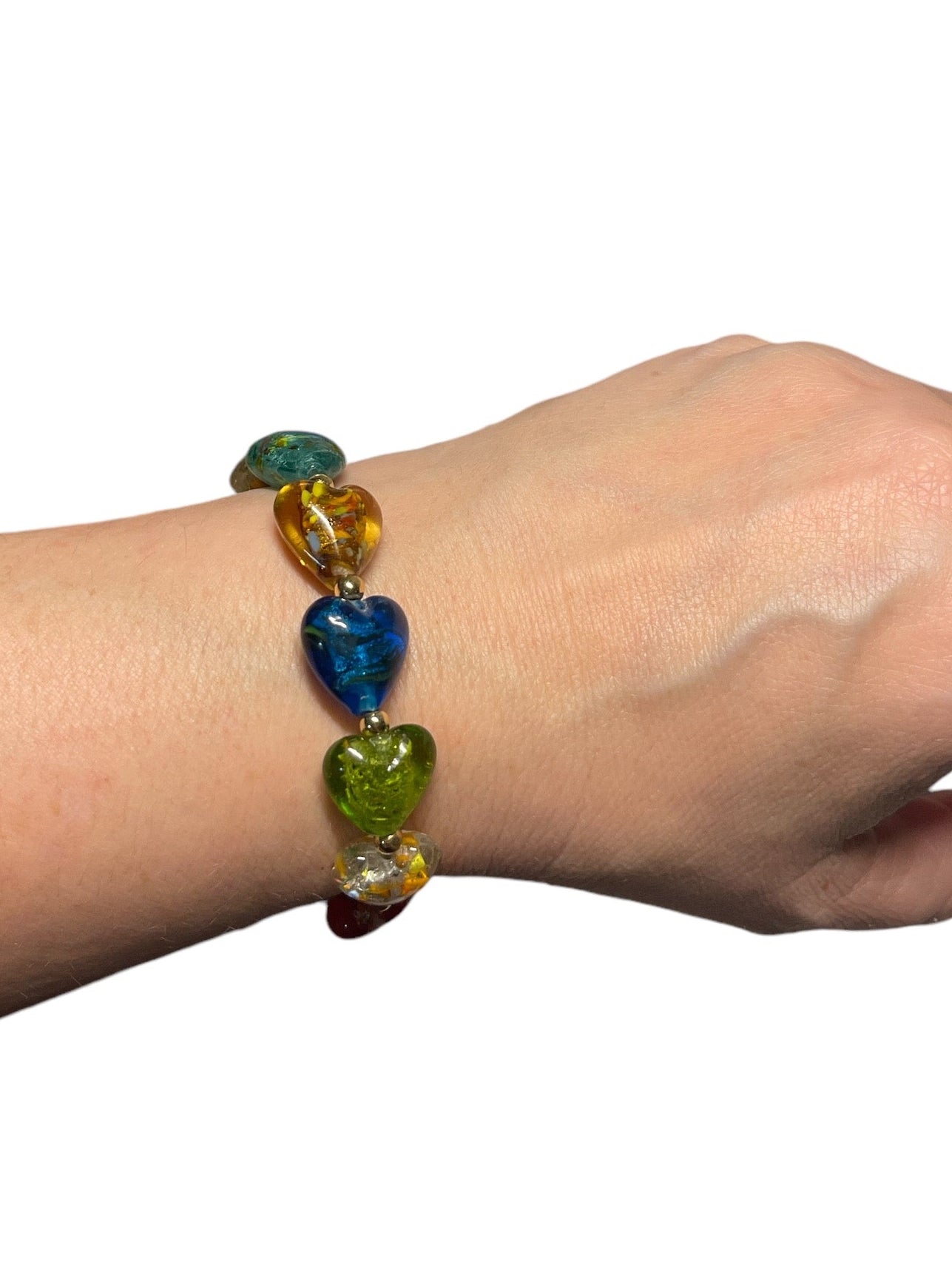 Glass Heartbeats Bracelet: Colorful Handmade Lamp-work Glass Heart Beads Accented with Gold Or Silver