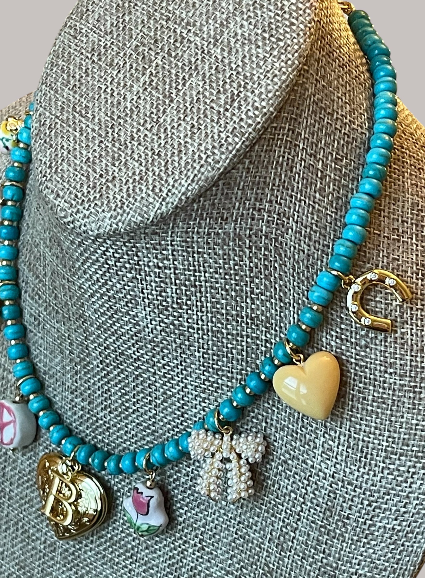The Casey Necklace: OOAK Turquoise Howlite beads with glass gold accent beads and gold plated charms