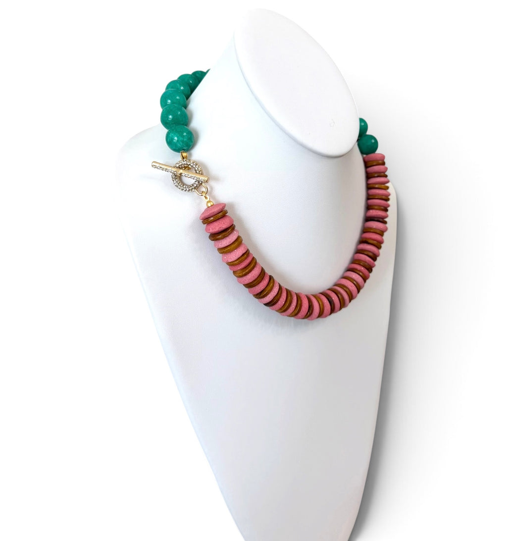Freshly Picked Necklace: Ashanti glass, wood and Jade with a gold pavé clasp