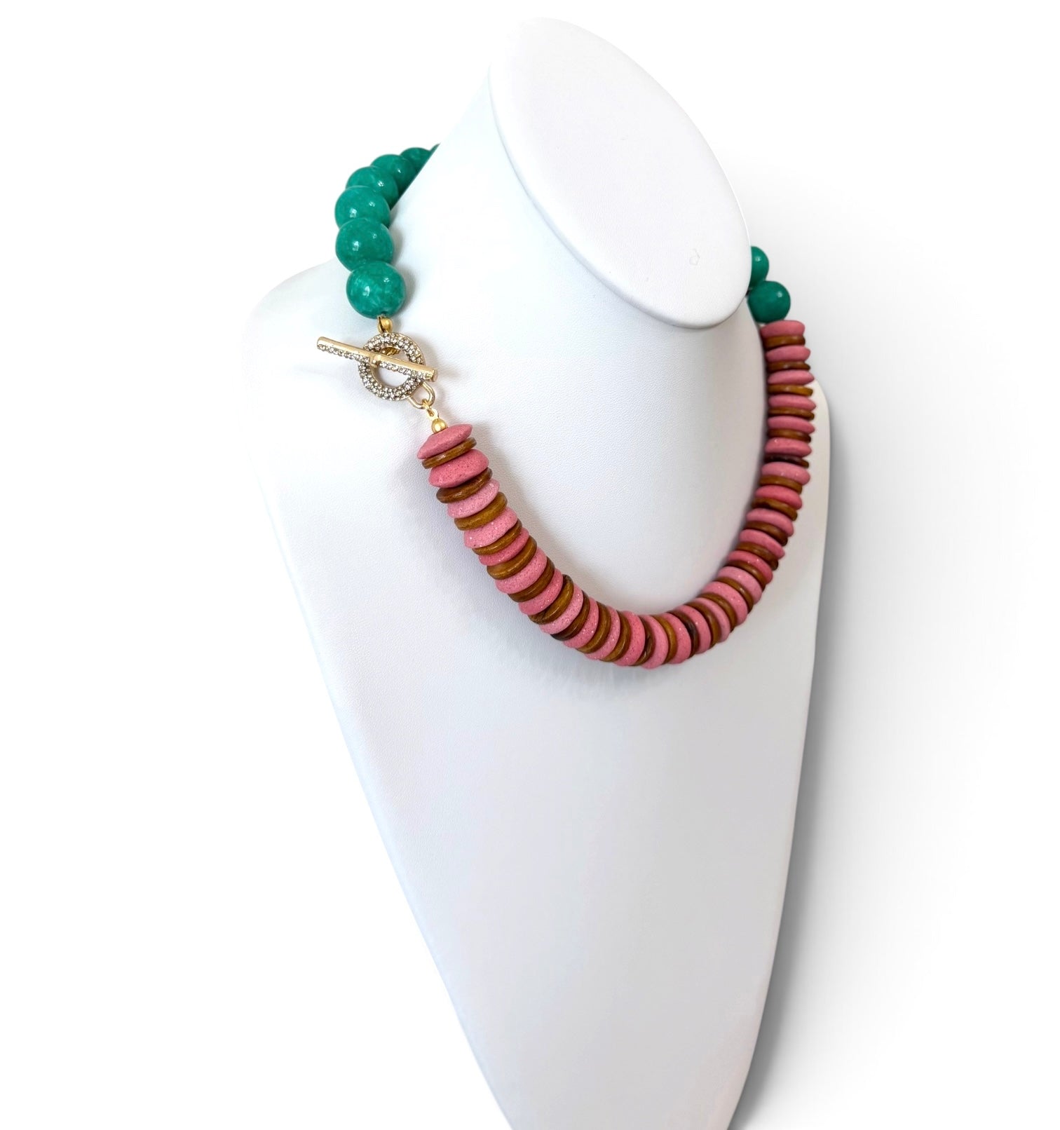 Freshly Picked Necklace: Ashanti glass, wood and Jade with a gold pavé clasp