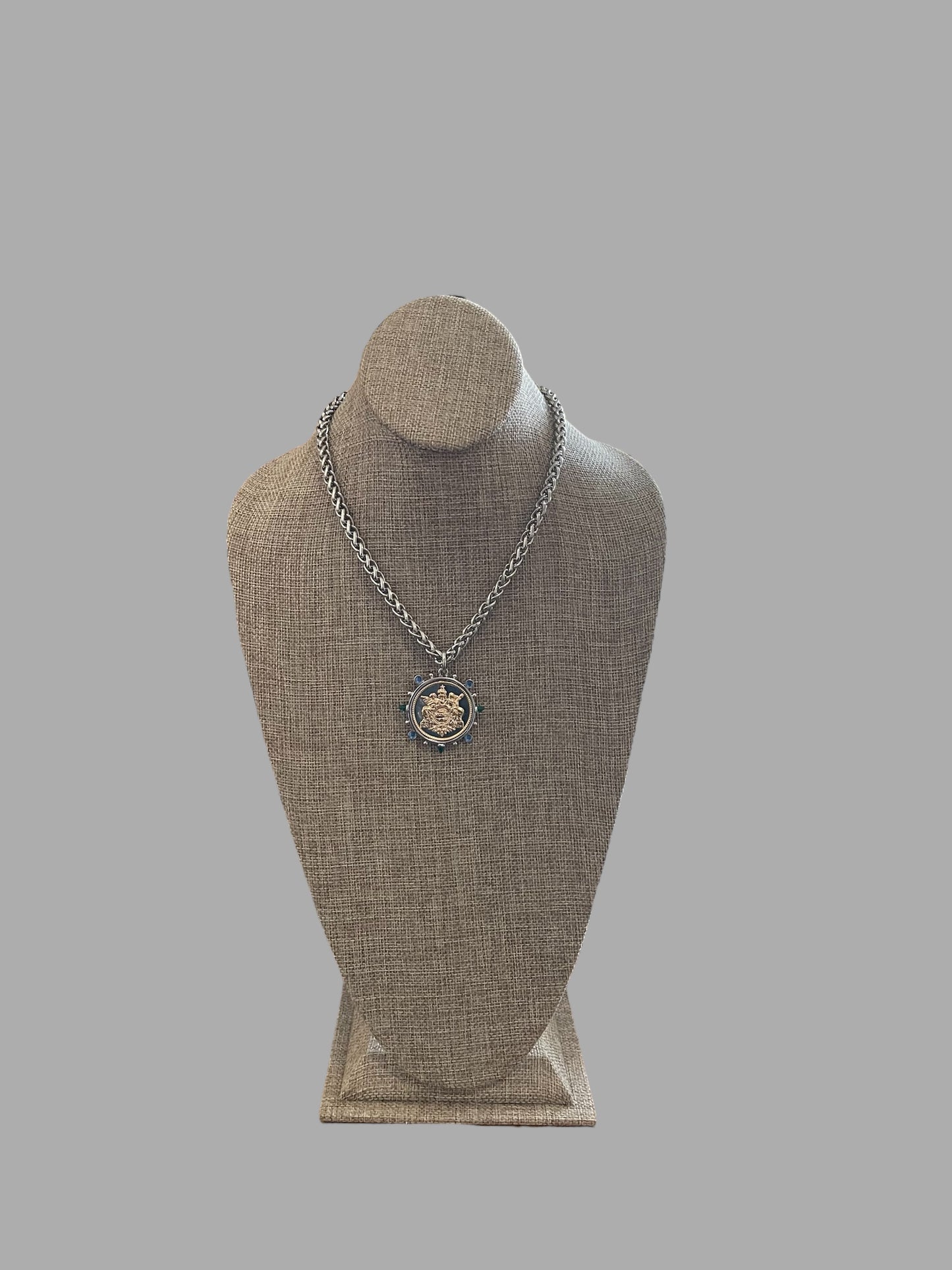 Le Monde Necklace: Rhodium Silver Wheat Chain with Silver & Gold French Replica Coin Pendant