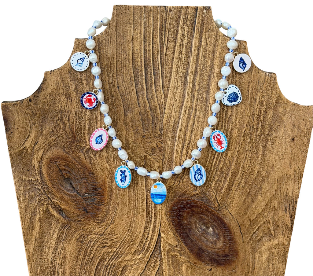 The Salt & Story Necklace: Freshwater Pearls, striped seed beads & Cloisonné charms OOAK