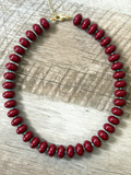 Bordeaux & Blue: Resin beads with denim blue faceted seed beads Gold clasp & extender