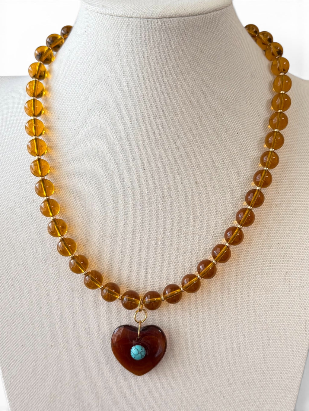 The Honeystone Heart Necklace: Glass beads & pendant with a turquoise center