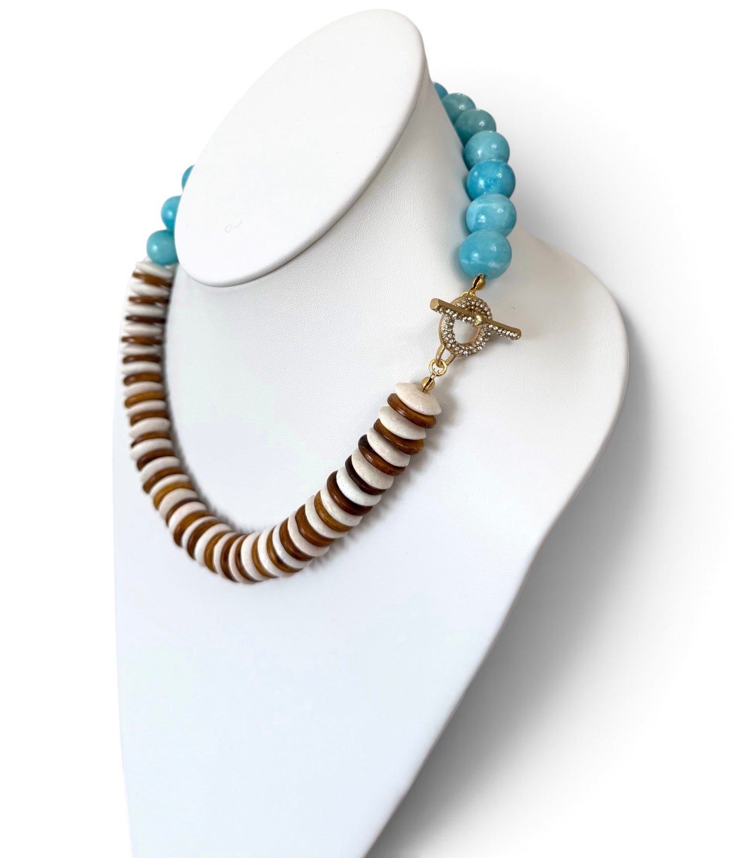 Sky & Timber Necklace: Ashanti glass, wood, and Jade with gold pavé clasp