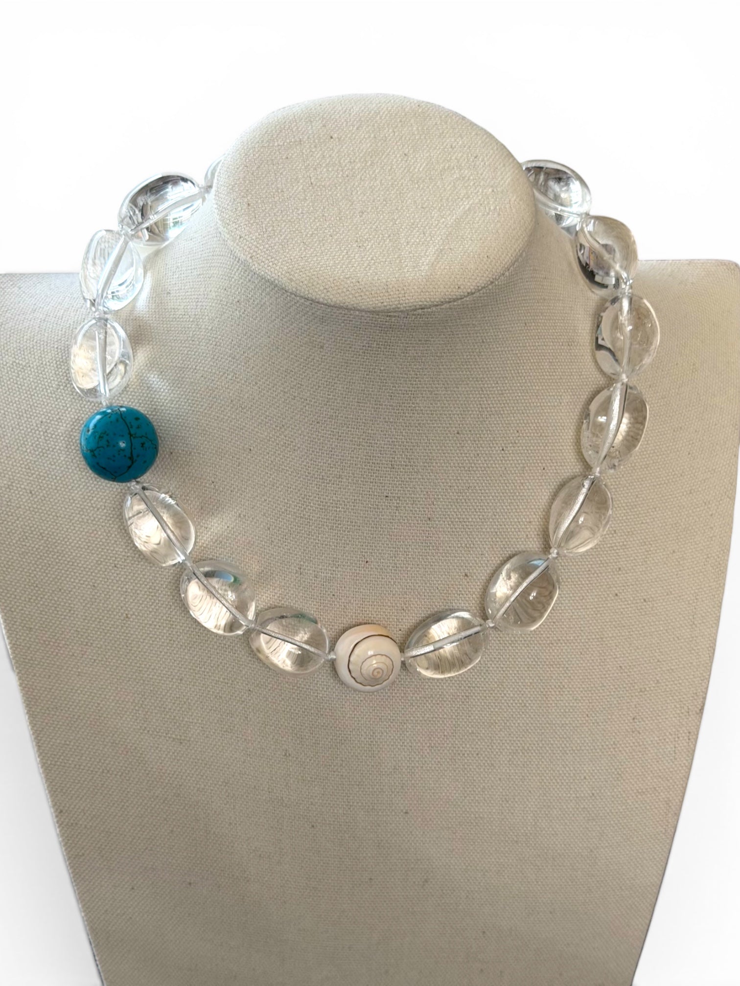 The Ocean Ice Necklace: Clear Quartz with Shiva shell and Turquoise accent