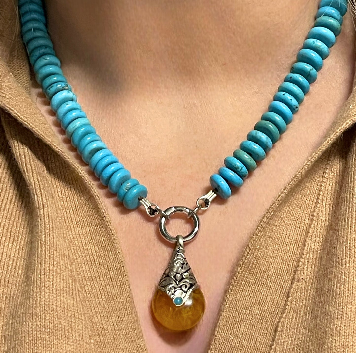 Desert Sky Necklace: Quality Natural Turquoise Hand-knotted on Deep Brown Silk w Pendant Wear 2 Ways