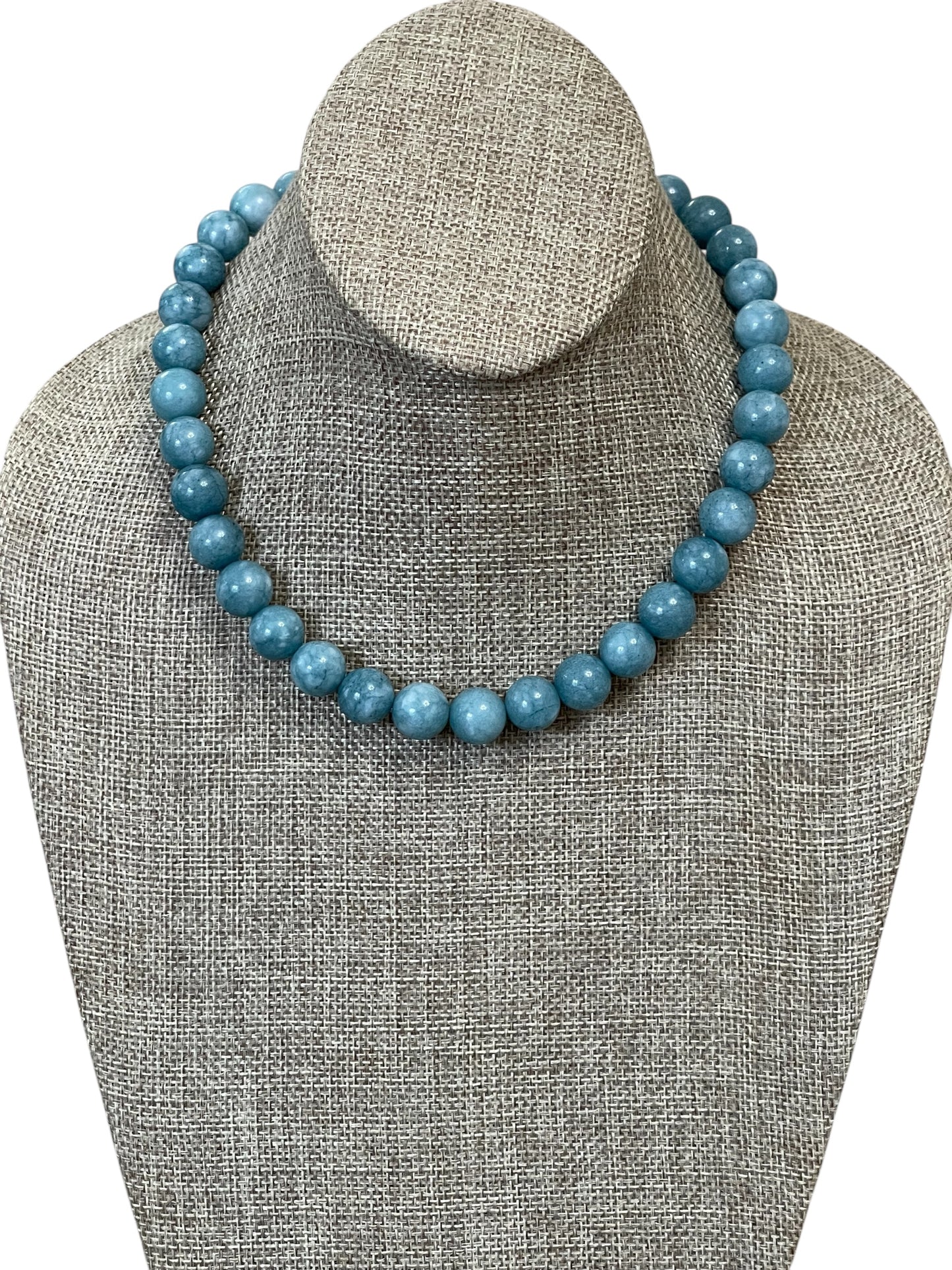 Blue Haven Necklace: Blue Jade gemstone 12mm beads Gold Nautical clasp OOAK