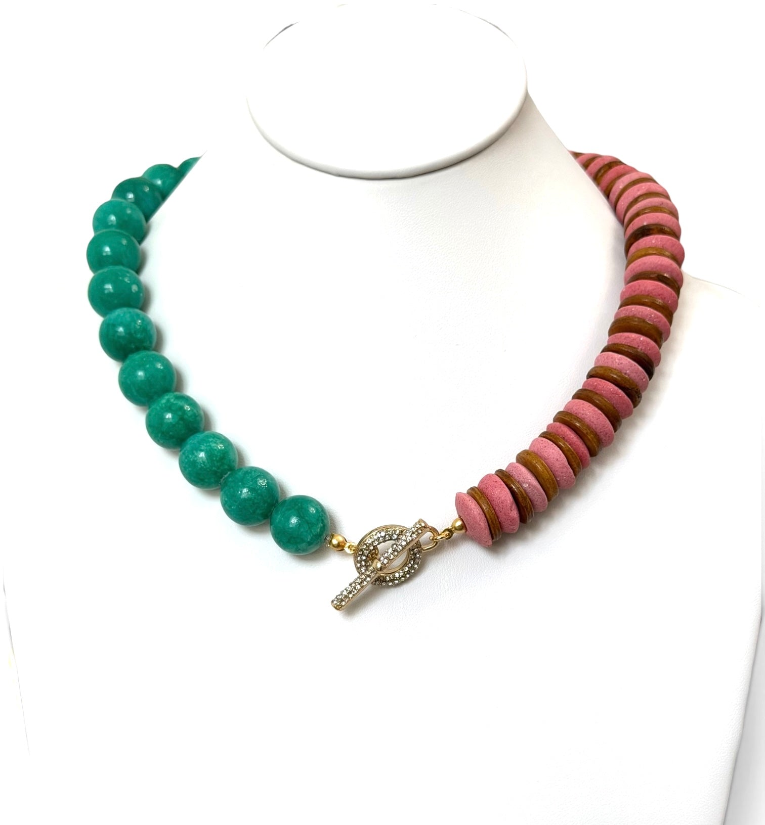 Freshly Picked Necklace: Ashanti glass, wood and Jade with a gold pavé clasp