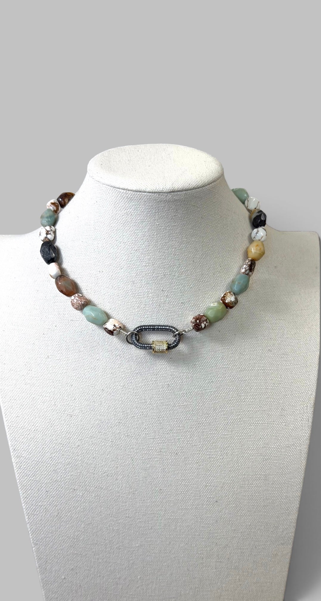 Wild Terrain Necklace: Faceted Amazonite, Wild Buffalo Turquoise Pavé clasp OOAK