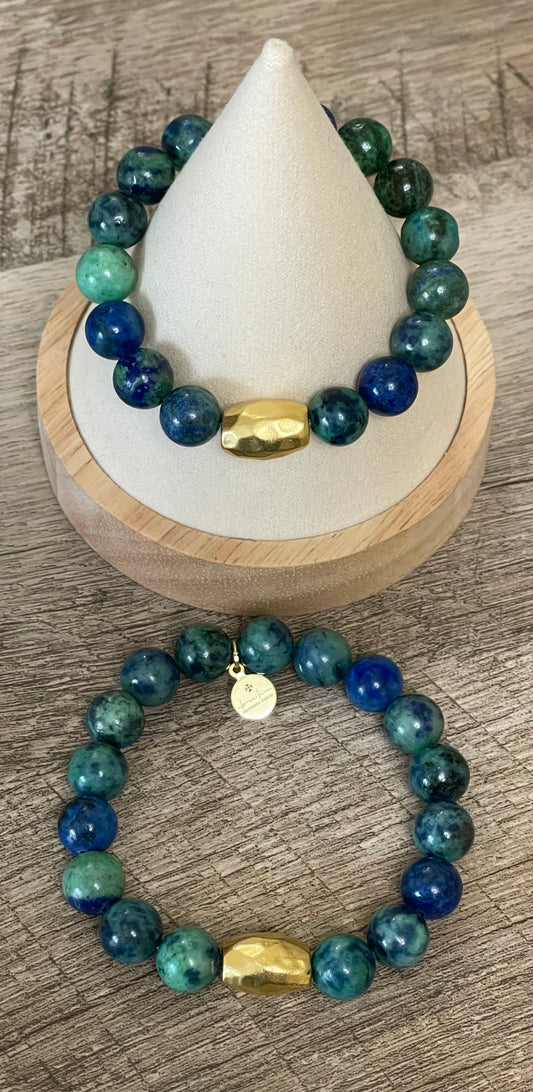 Barrel & Stone Bracelet: Azurite Chrysocholla Gemstone Stretch Bracelet with Gold hammered Artisan bead