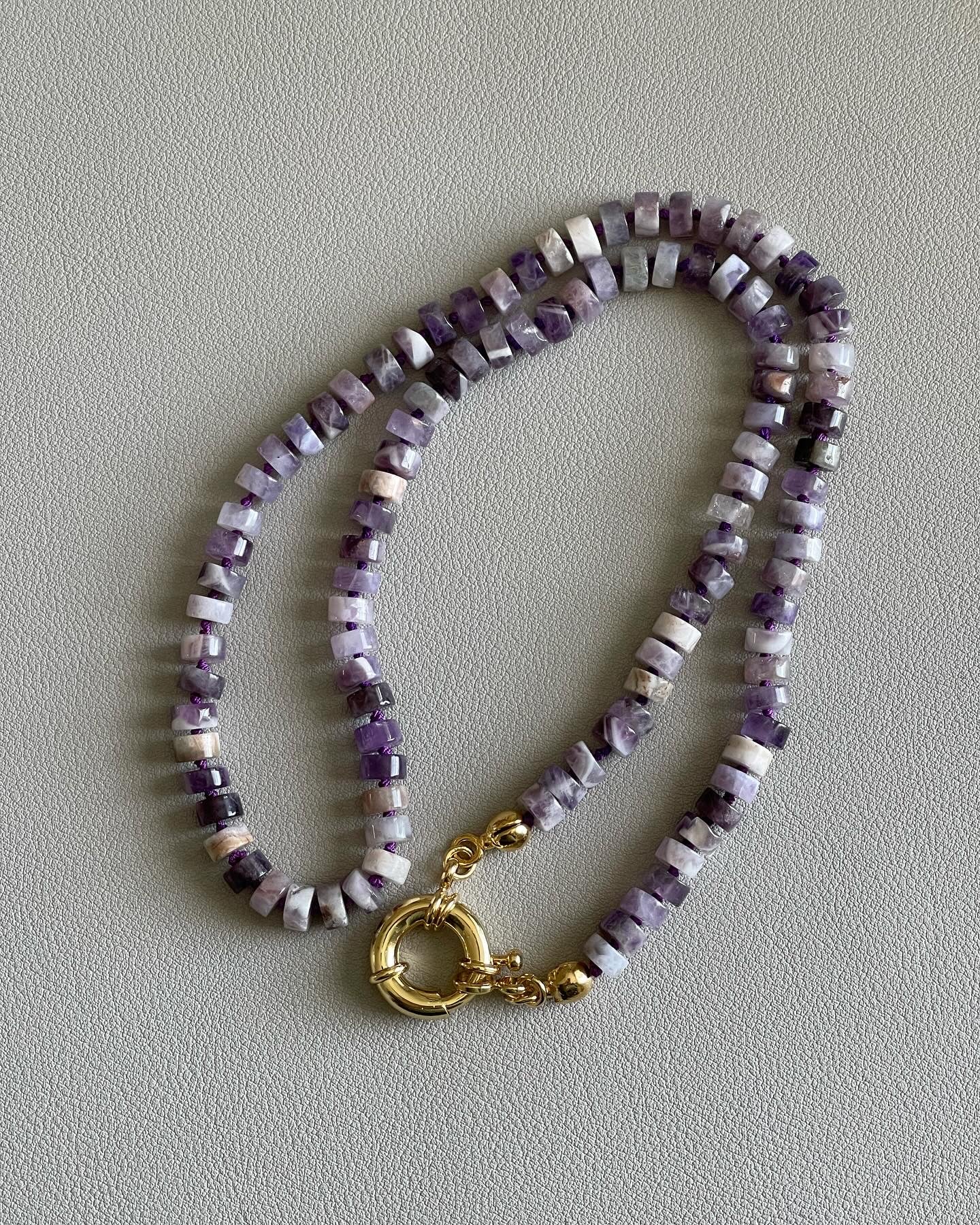 OOAK Raw Amethyst Tire Bead Necklace Hand-knotted