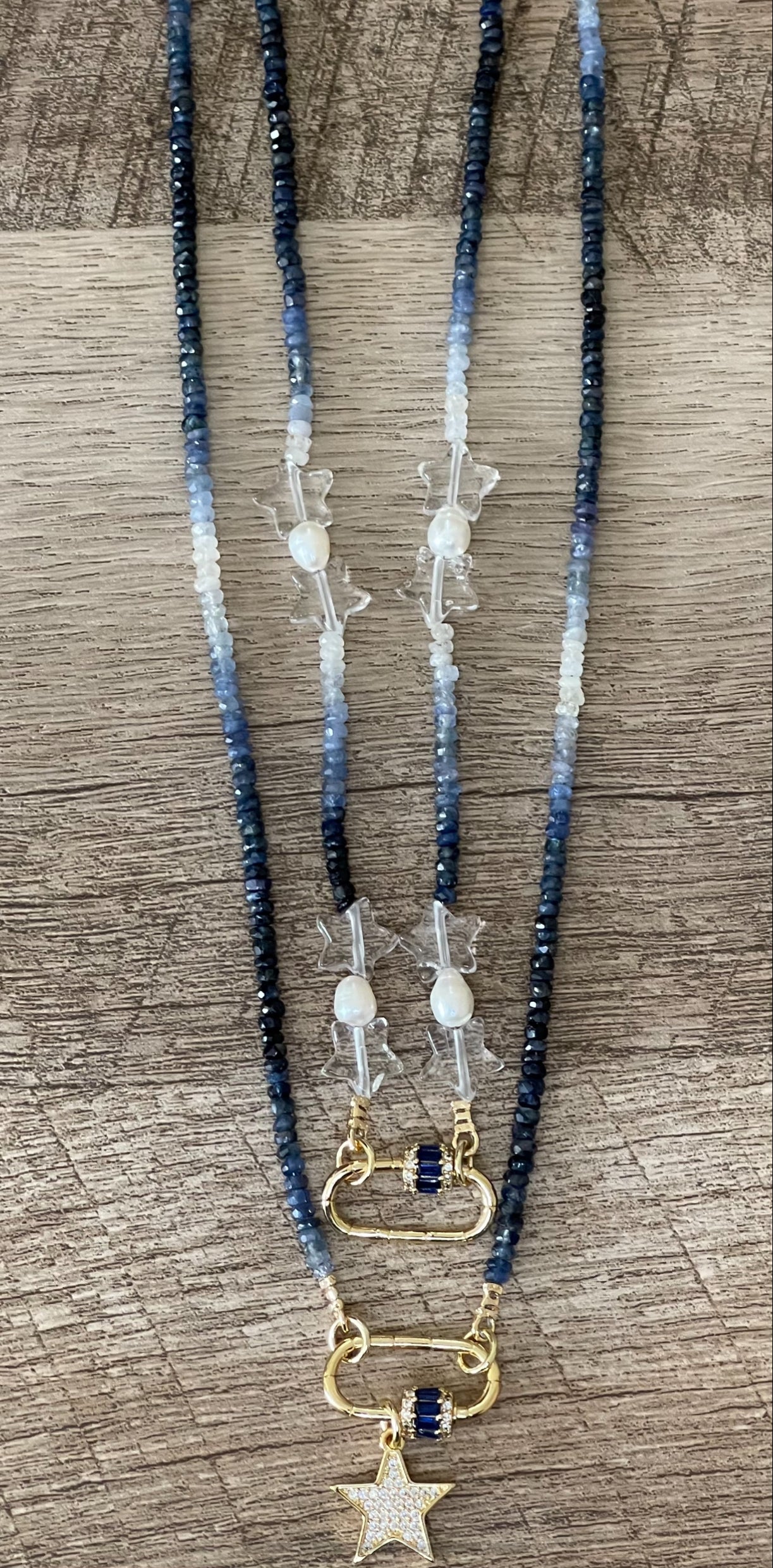 Starry Sky Necklace: Faceted Sapphire Gemstone beads in ombré pattern, Clear Quartz Stars, Freshwater Pearls, Gold clasp w blue CZ OOAK