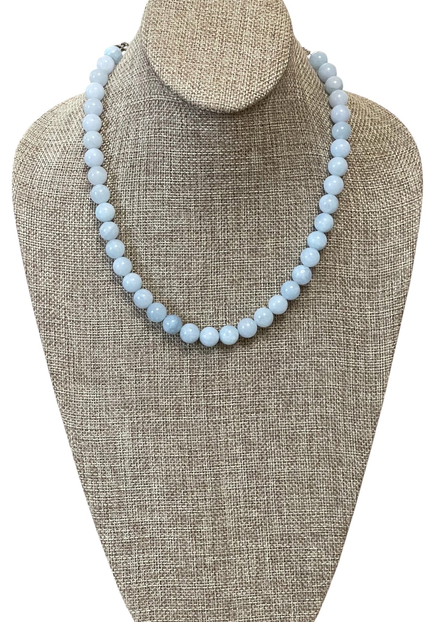 Aquamarine Affinity Necklace: Natural Aquamarine 10mm beads Silver oversized clasp w chain