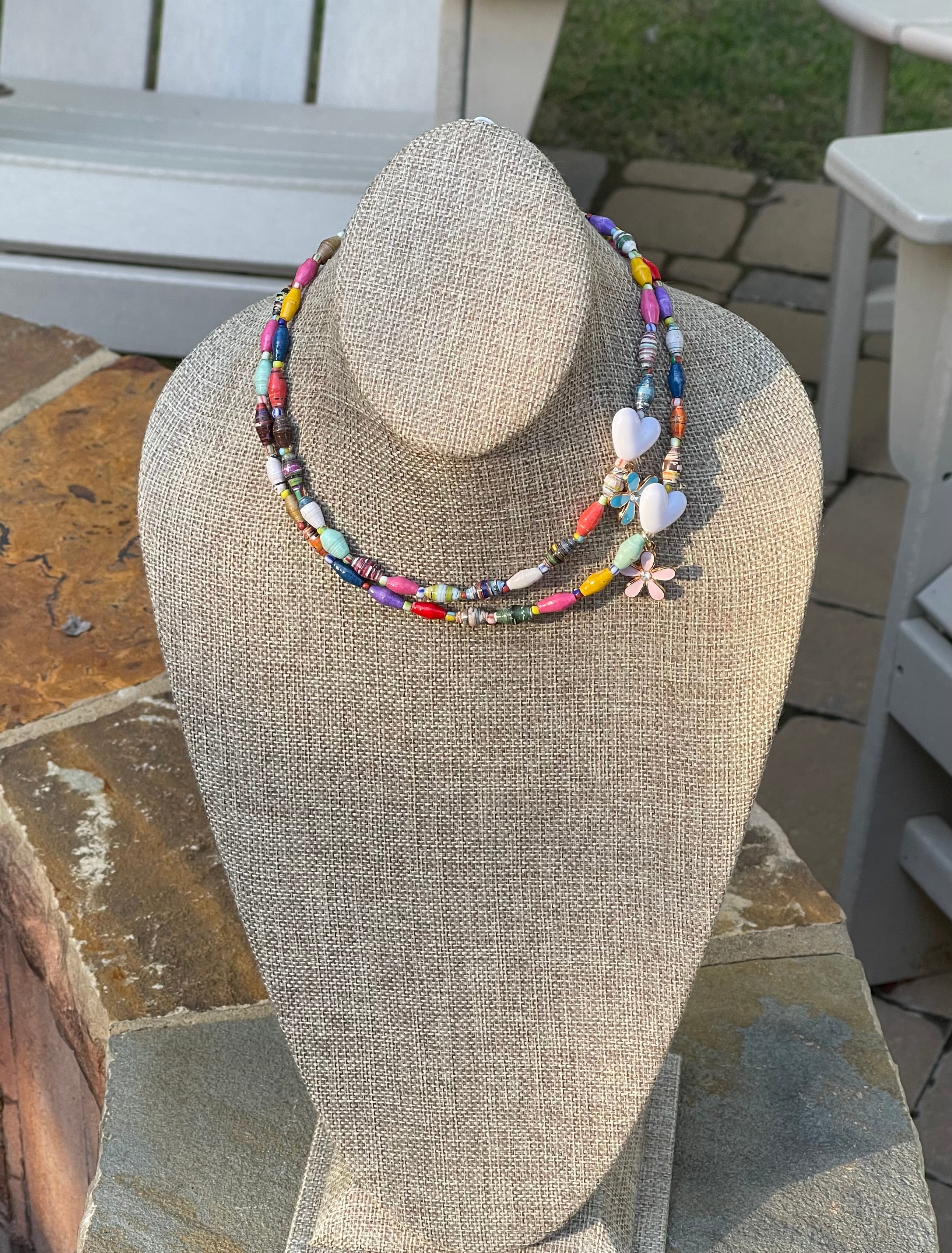 Kindred Colors Necklace: Unique beads handmade in Uganda from recycled paper, glass & acrylic accent beads and a brass flower charm