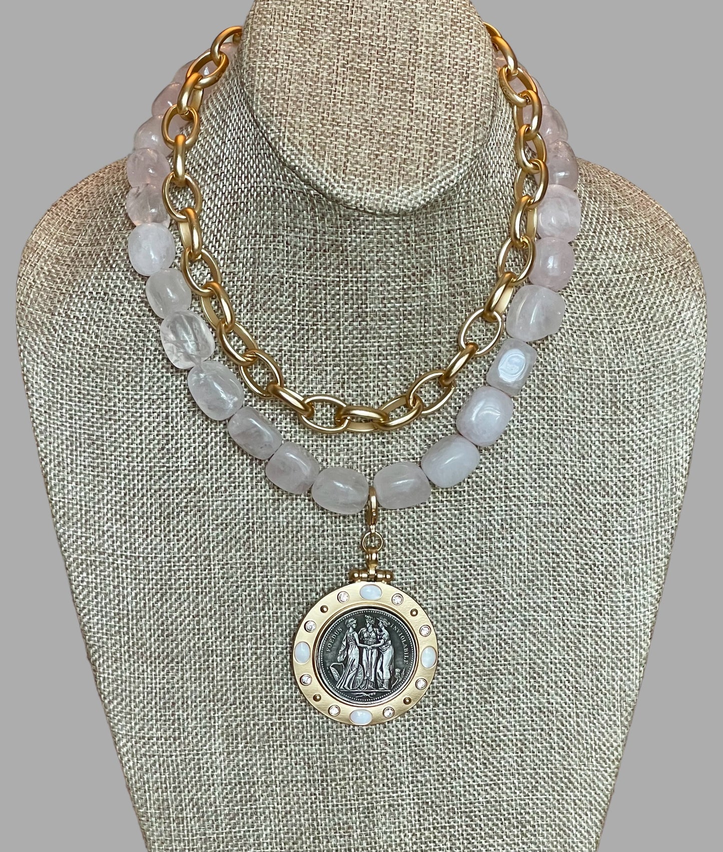 The Six Way Necklace: Rose Quartz and Brushed Gold Chain Duo with Greek Three Graces Replica Coin Pendant