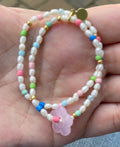 Candy Petals Bracelet Duo: Freshwater Pearls with candy colored accents 2 Stretch Bracelets Choose pink green or blue flower