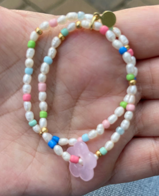 Candy Petals Bracelet Duo: Freshwater Pearls with candy colored accents 2 Stretch Bracelets Choose pink green or blue flower