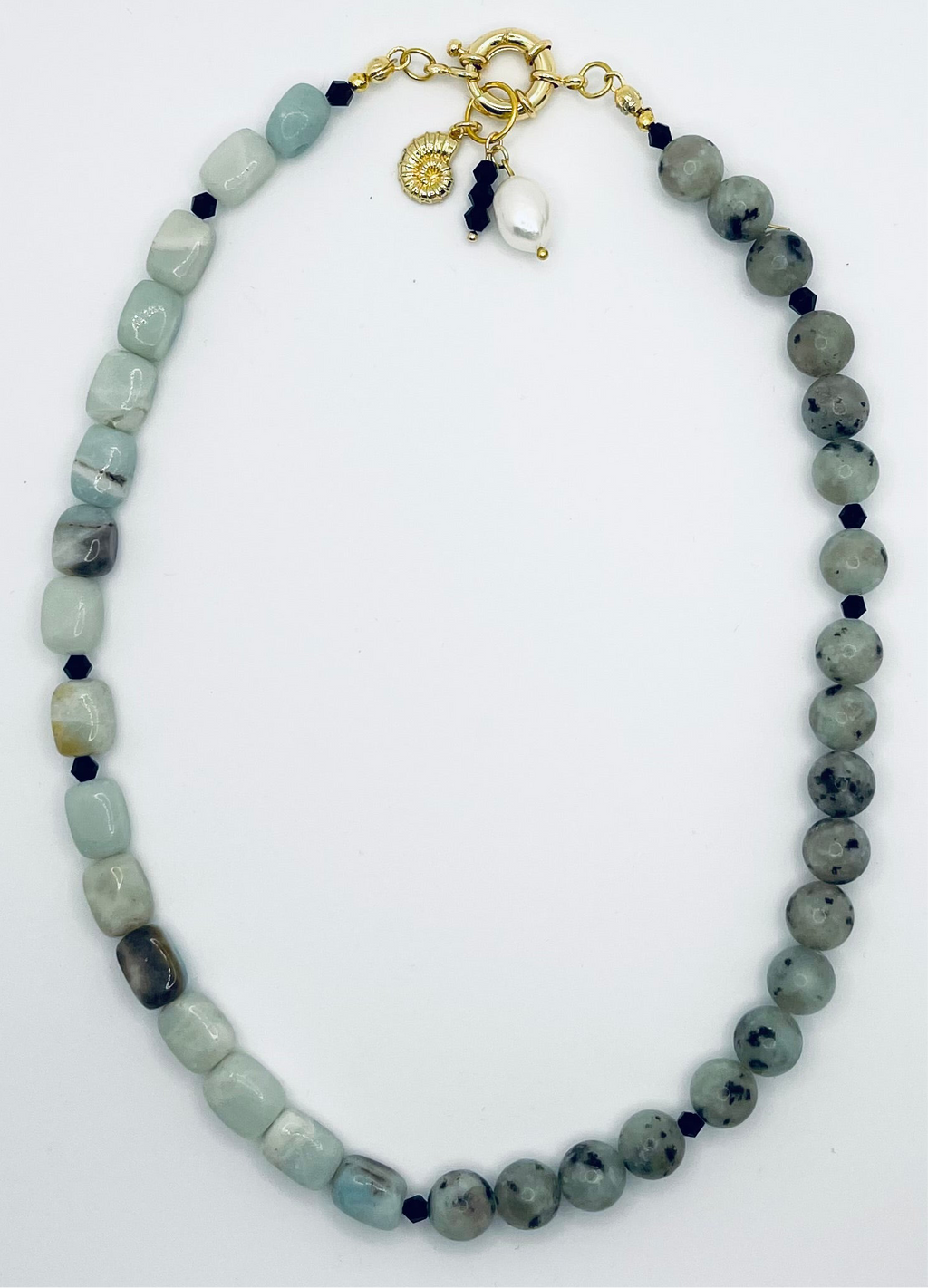 Kiwi Cutie Necklace: OOAK Amazonite and Kiwi Jasper with Charms