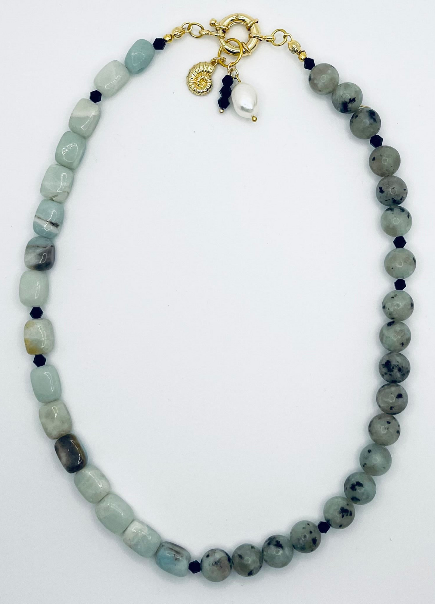 Kiwi Cutie Necklace: OOAK Amazonite and Kiwi Jasper with Charms