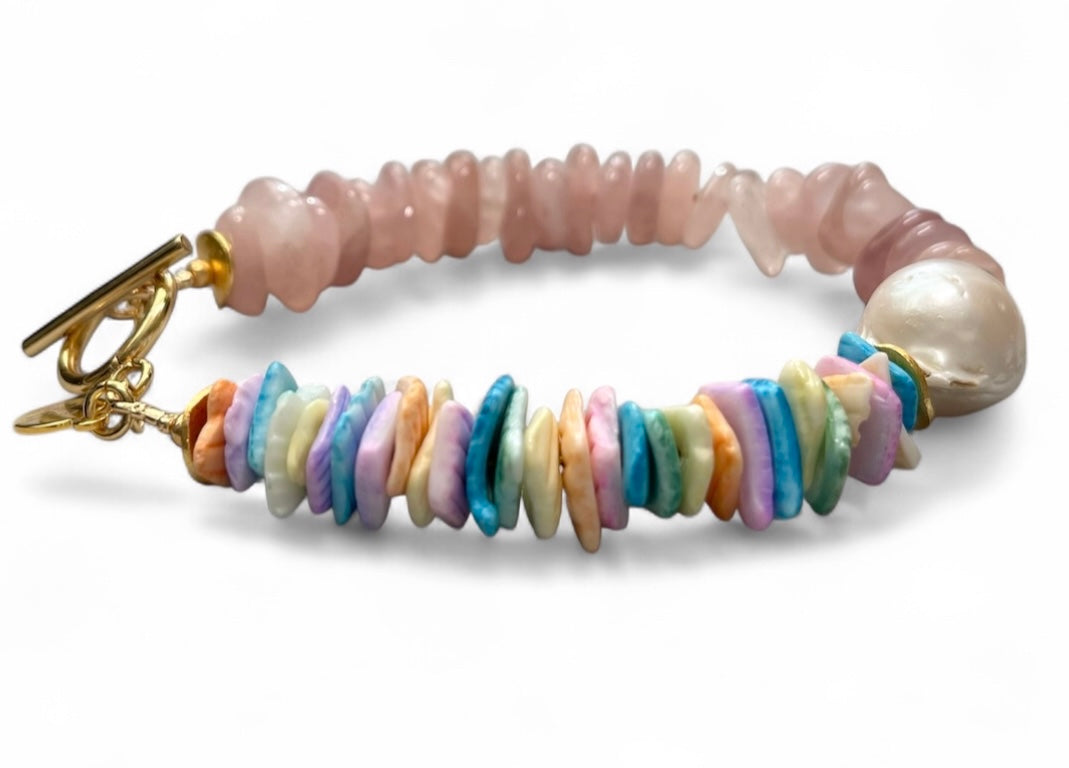 Chic Island Bracelets: Pastel dyed Puka shell, Flawless Baroque Pearl, Aquamarine OR Rose Quartz, Gold accents