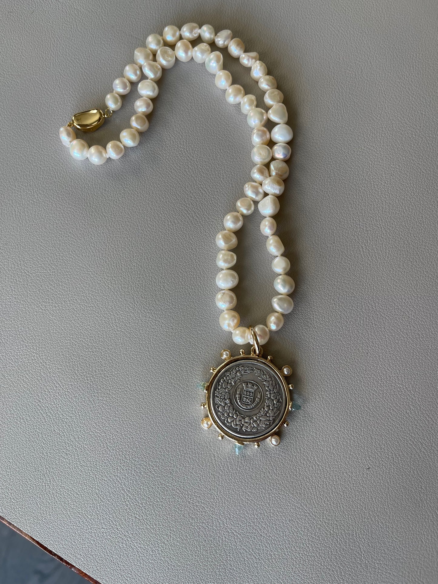 Bonjour Necklace: Hand Knotted Freshwater Pearls w/ a Gold Bean Clasp & French Vintage Coin Pendant All Gold Filled