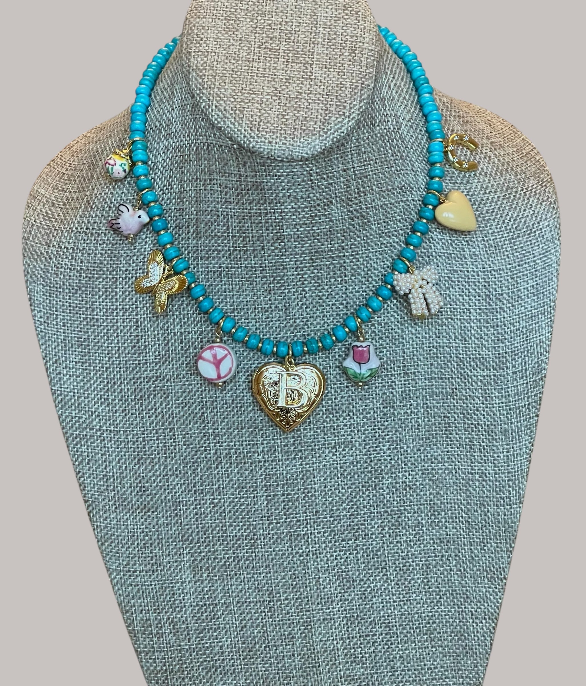 The Casey Necklace: OOAK Turquoise Howlite beads with glass gold accent beads and gold plated charms