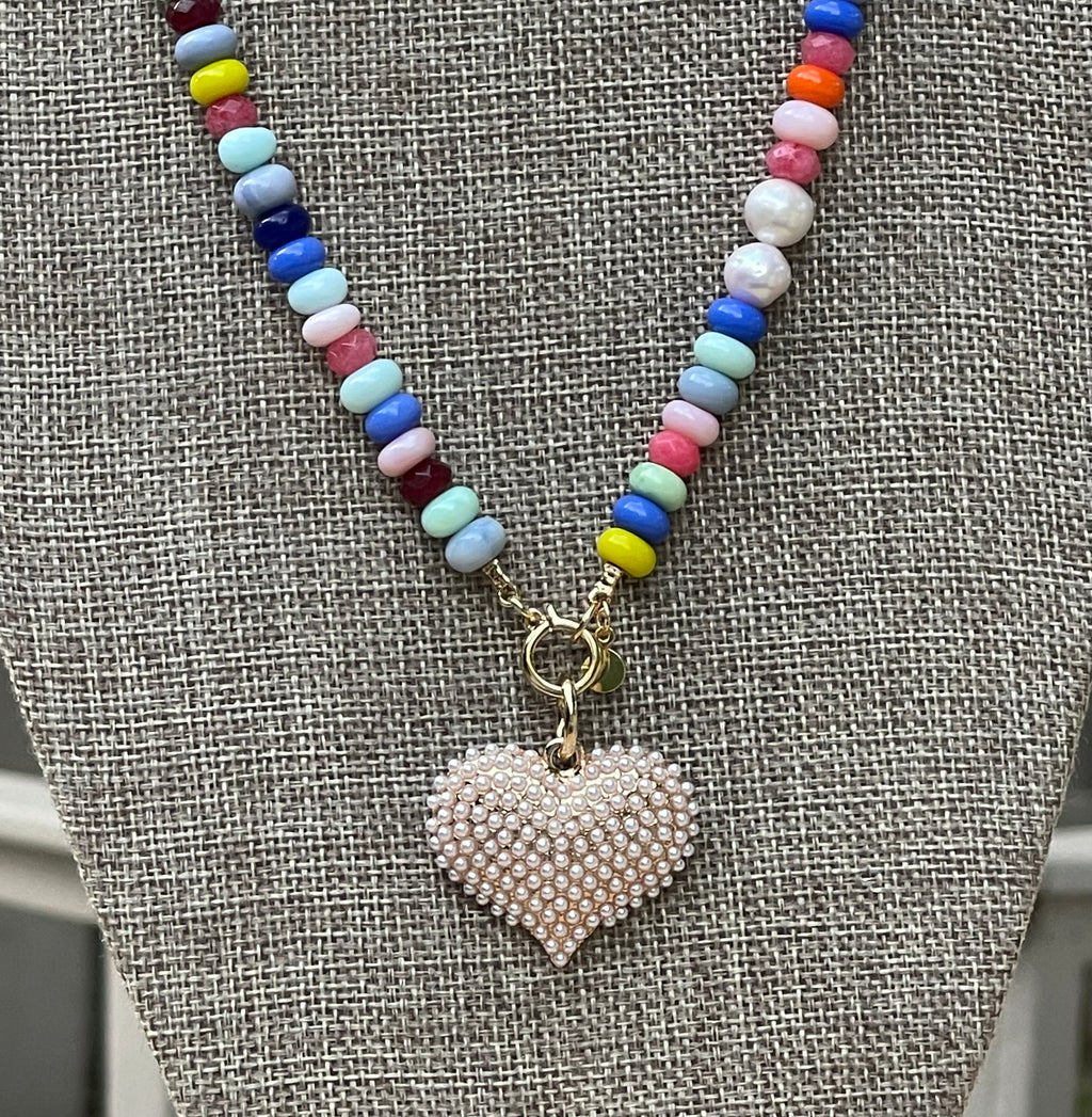 Multi Gemstone Pearl Pavé Heart Necklace: Multi gemstones, high quality round freshwaters pearls OOAK