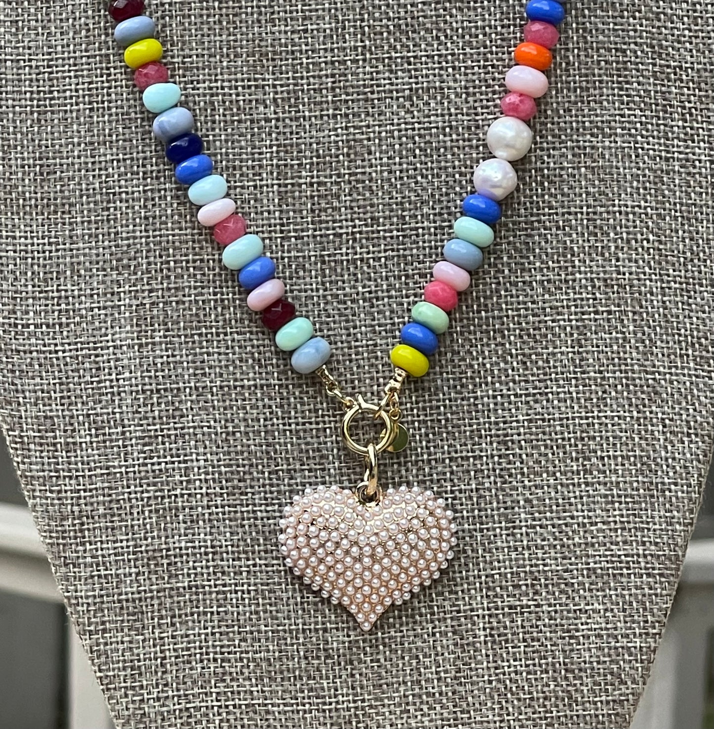 Multi Gemstone Pearl Pavé Heart Necklace: Multi gemstones, high quality round freshwaters pearls OOAK
