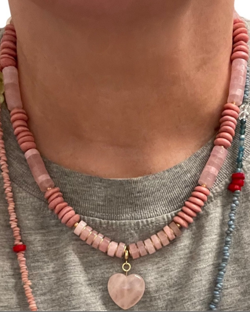 Blush Pink Rose Ashanti Necklace: African Ashanti glass saucer beads mixed with Rose Quartz beads and Rose Quartz heart pendant Brass/old accents OOAK