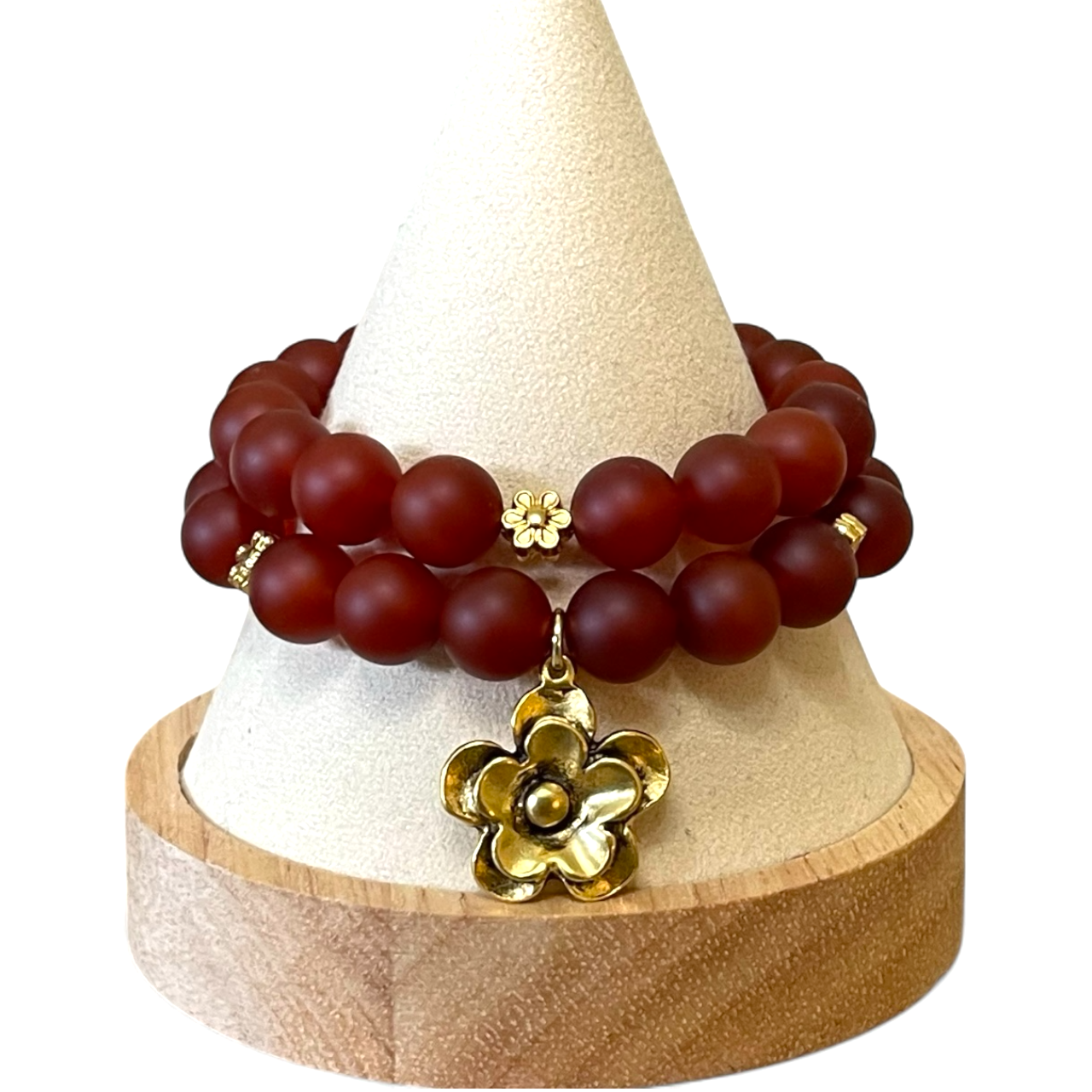 Matte Carnelian Stretch Bracelet Set: 2 bracelets with antiqued gold accents