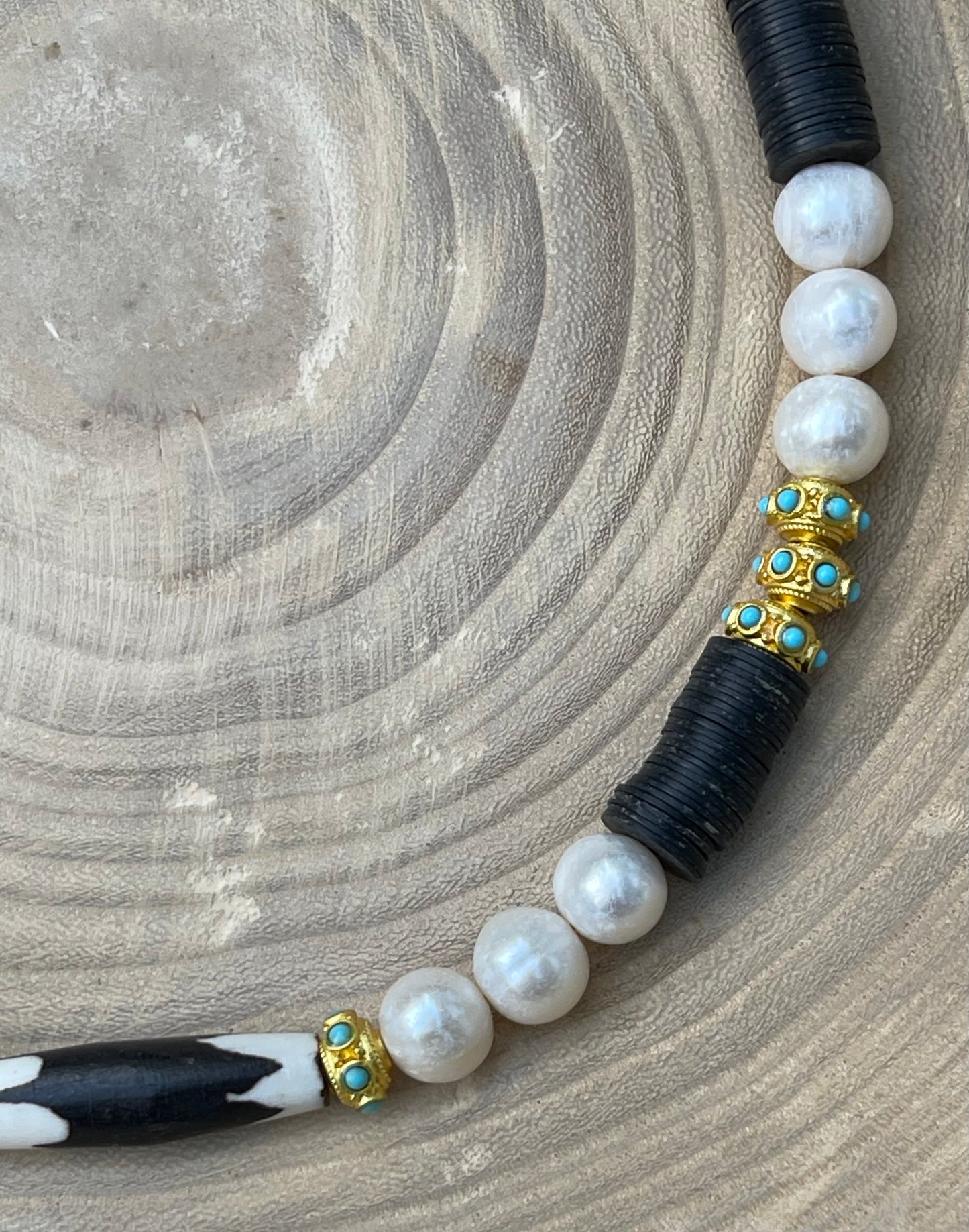 Tribal Throne Necklace: Creamy Freshwater Pearls African beads & gold accents OOAK