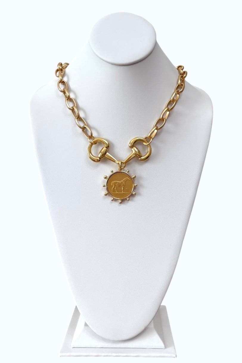 Bit of Gold: Matte and Shiny Gold Necklace with Horse Medallion OOAK