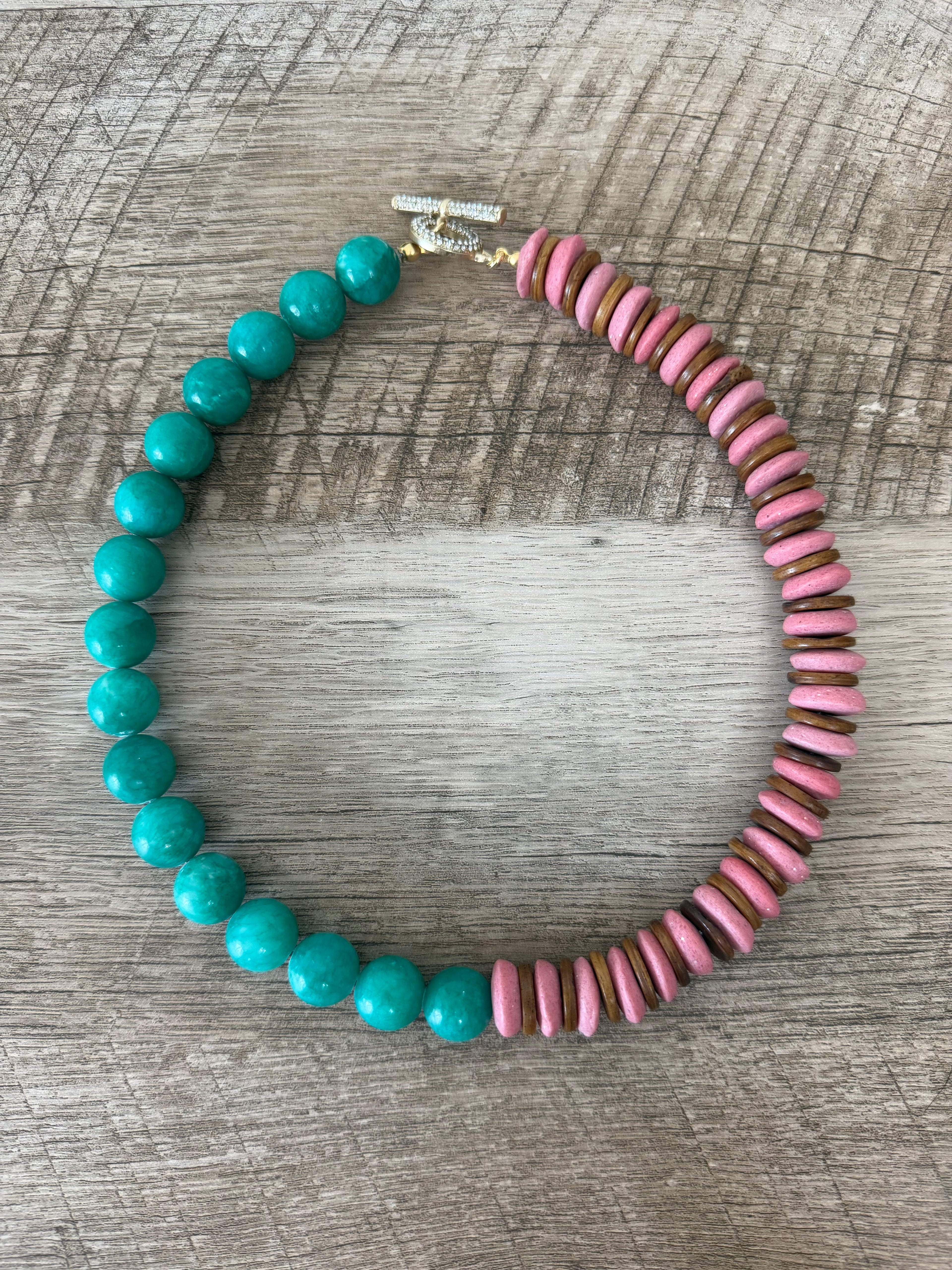 Freshly Picked Necklace: Ashanti glass, wood and Jade with a gold pavé clasp