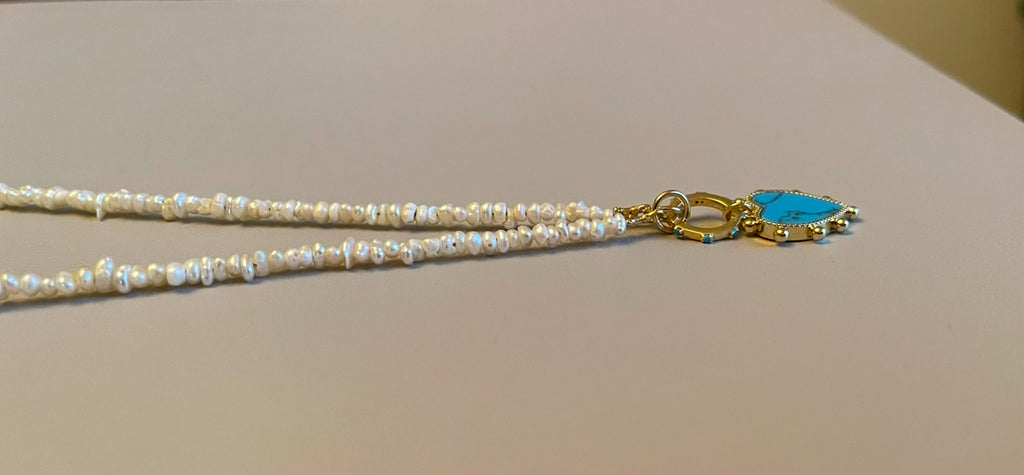 The Azure Heart Necklace: Petite rustic freshwater pearls, gold and turquoise clasp/charm holder Adorable faux turquoise heart charm OOAK