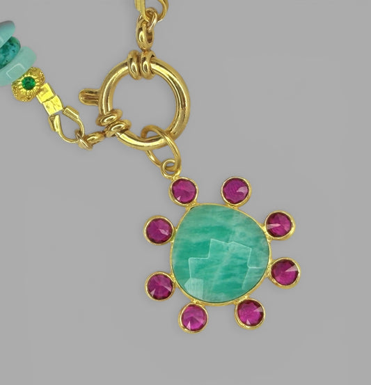 The Island Bloom Necklace: Aquamarine and Green Turquoise w/ an Amazonite pendant OOAK