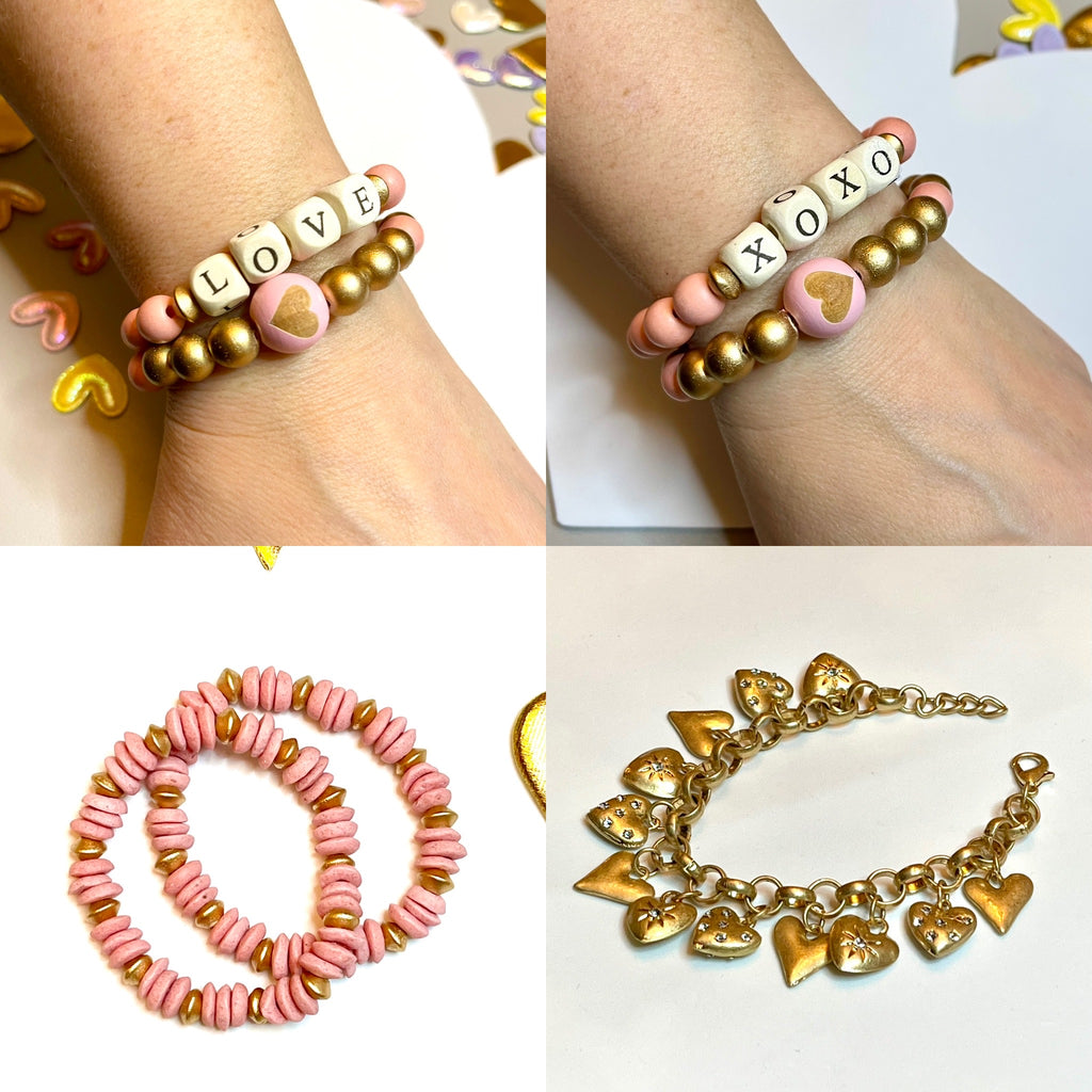 Boho Love: Pink Ashanti Glass Saucer Bead & Gold Wooden Bead Bracelet Stack (2)