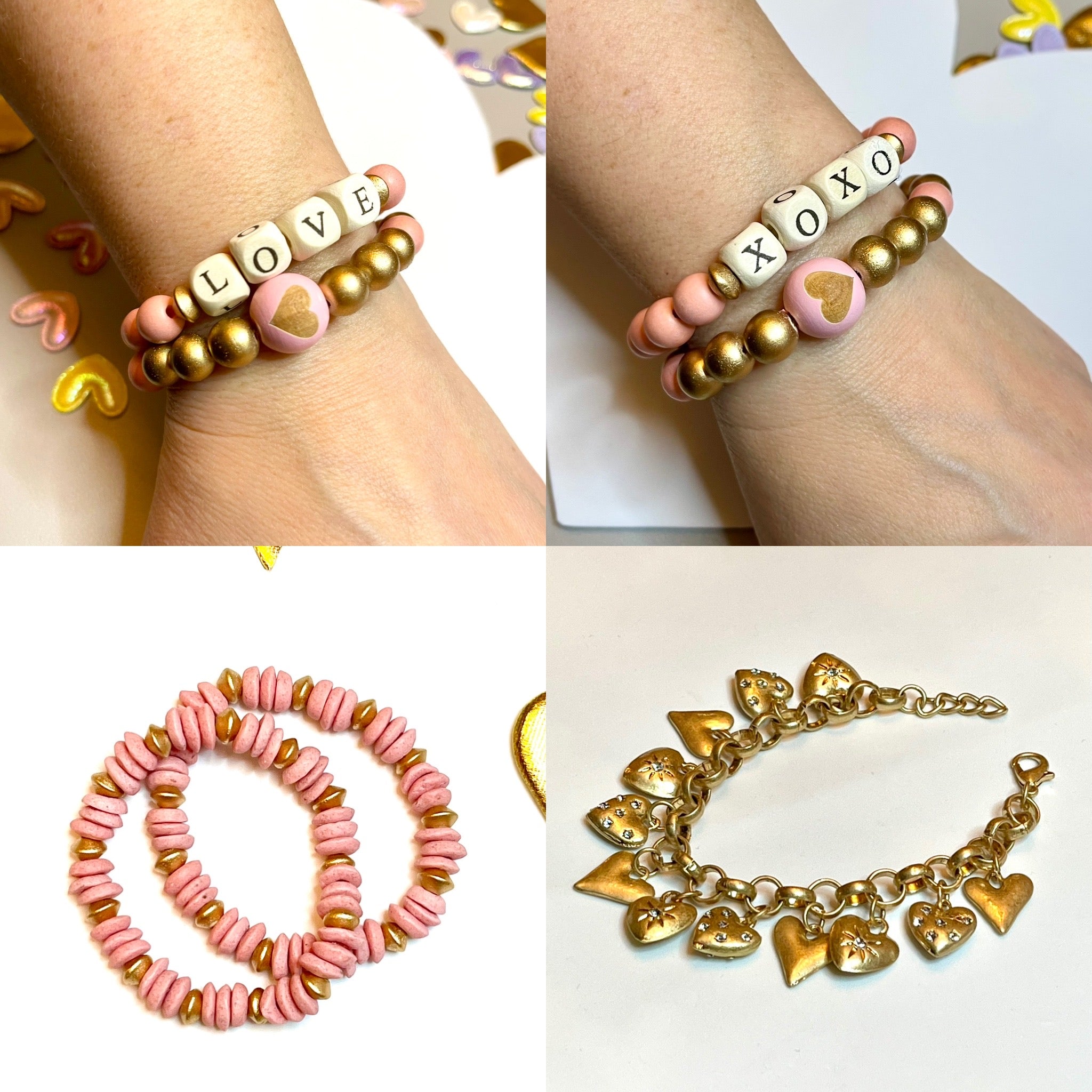 Boho Love: Pink Ashanti Glass Saucer Bead & Gold Wooden Bead Bracelet Stack (2)